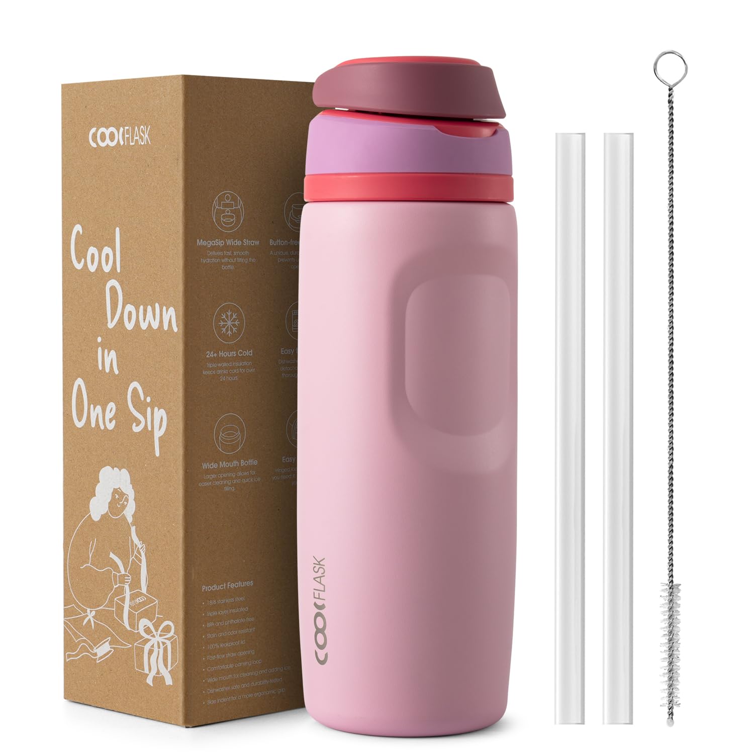 Coolflask MegaSip 24 oz Water Bottles Insulated Stainless Steel with Straw
