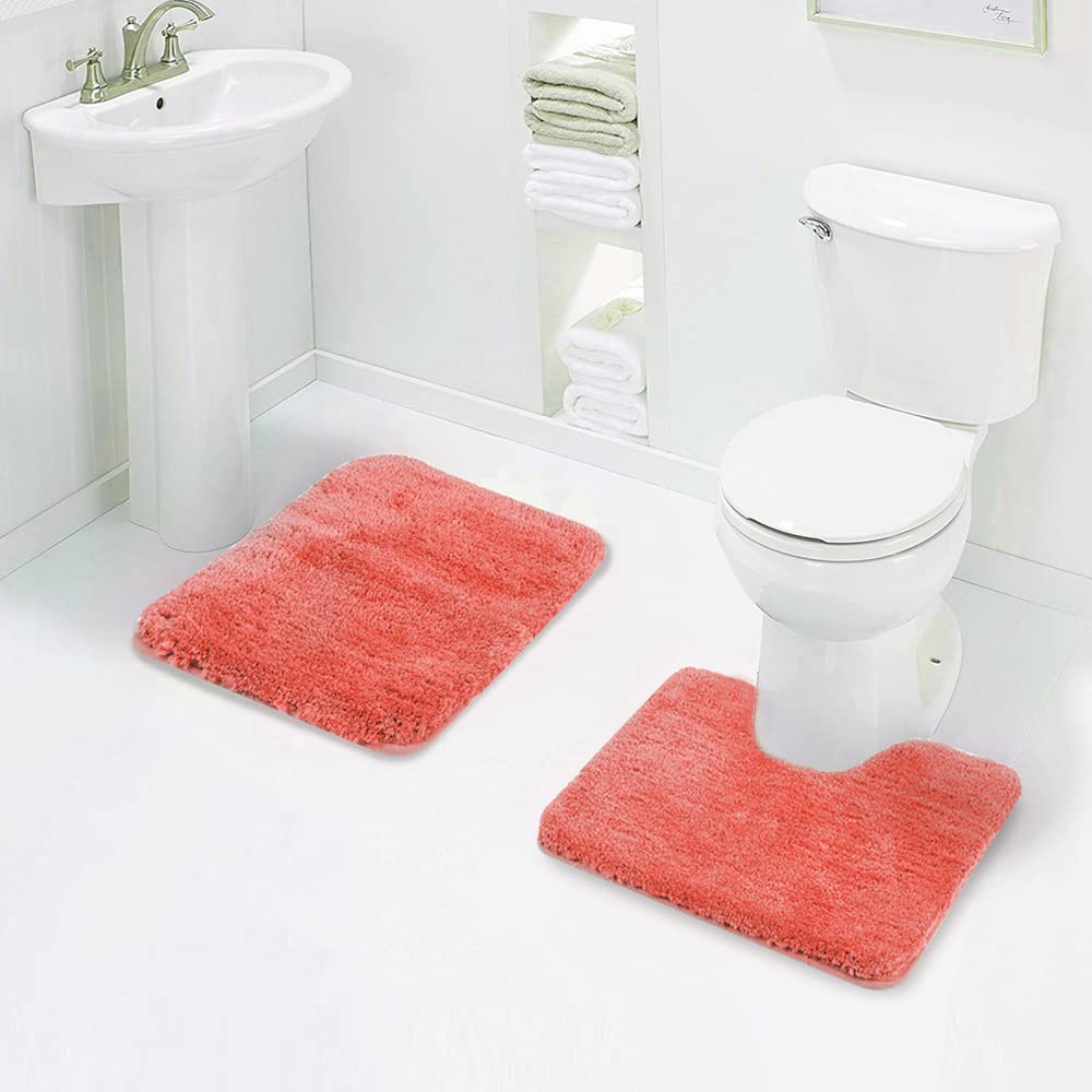 Walensee Shaggy 2 Piece Bath Rug Sets (Living Coral) 20 X 24 U Shape Contour Rug & 20 X 32 Bathroom Rug Machine Wash/Dry Bath Ma