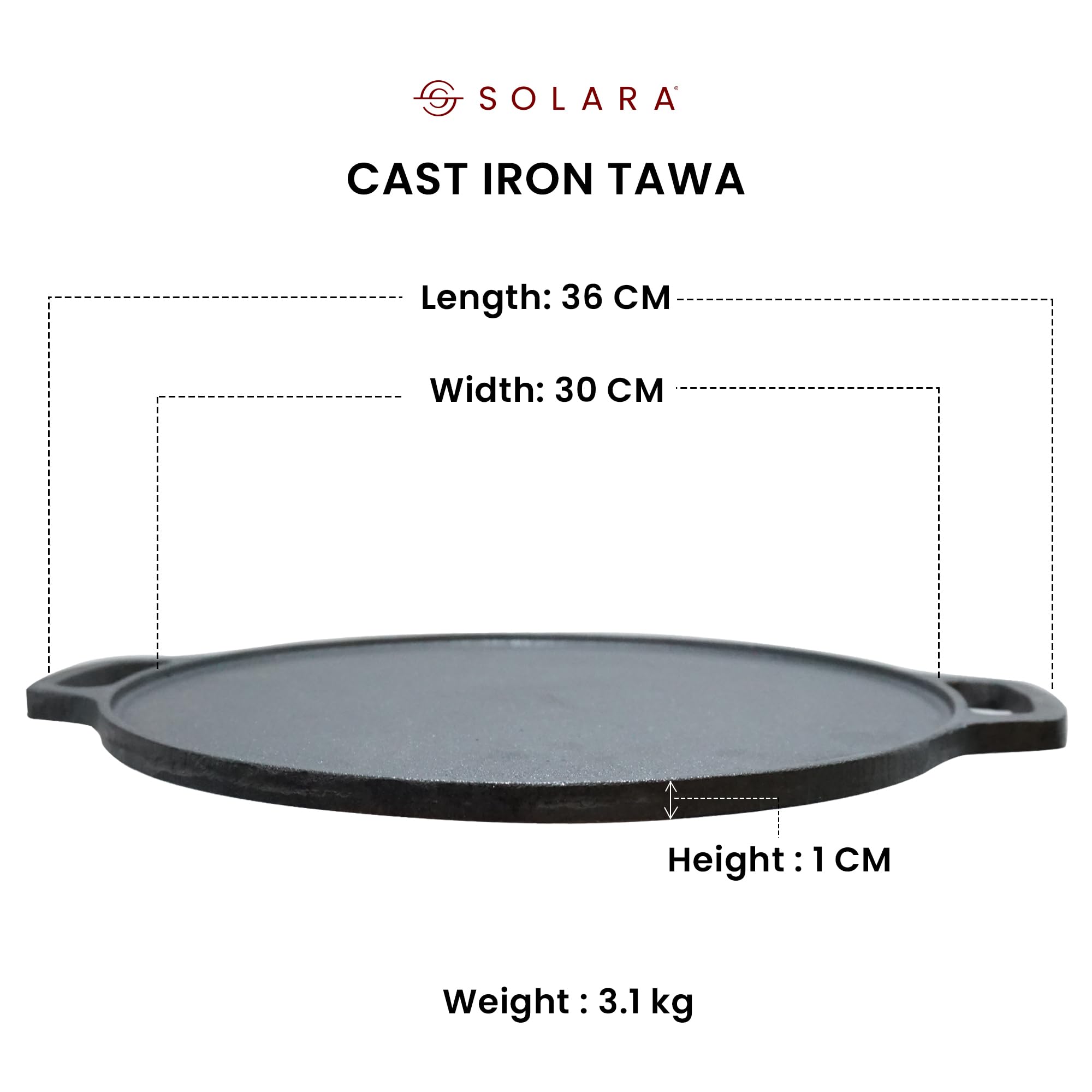 SOLARA Cast Iron 12 Inch(30 CM) Tawa, Tawa for Dosa/Uthappam/Roti/Chapati/Naan, Gas & Induction Friendly, Cast Iron Tawa Cookwar
