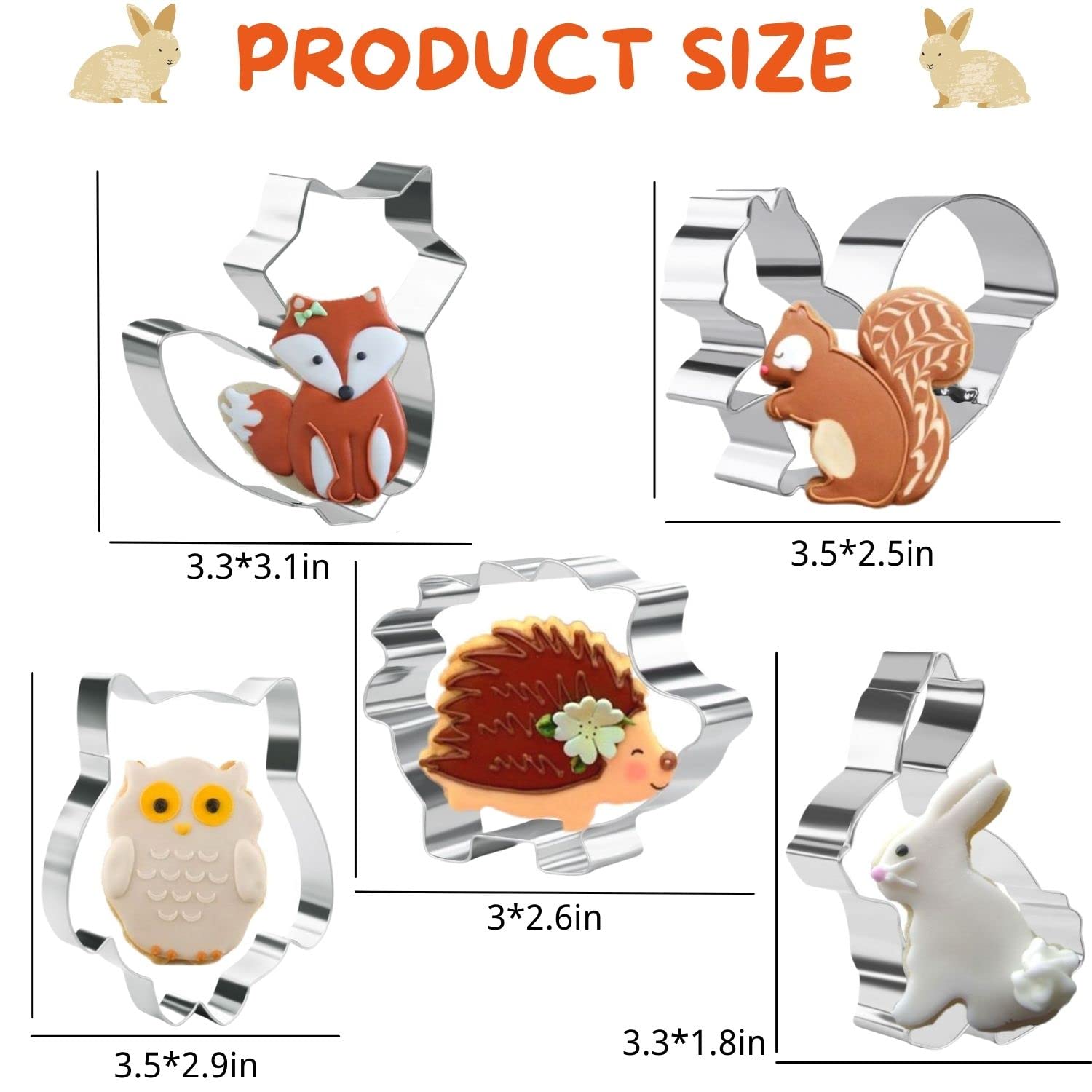 Kaishane 5 Pieces Animals Cookie Cutters Shapes For Baking Fox,Owl,Rabbit,Squirrel And Hedgehog Shape Woodland Cookie Cutter Set