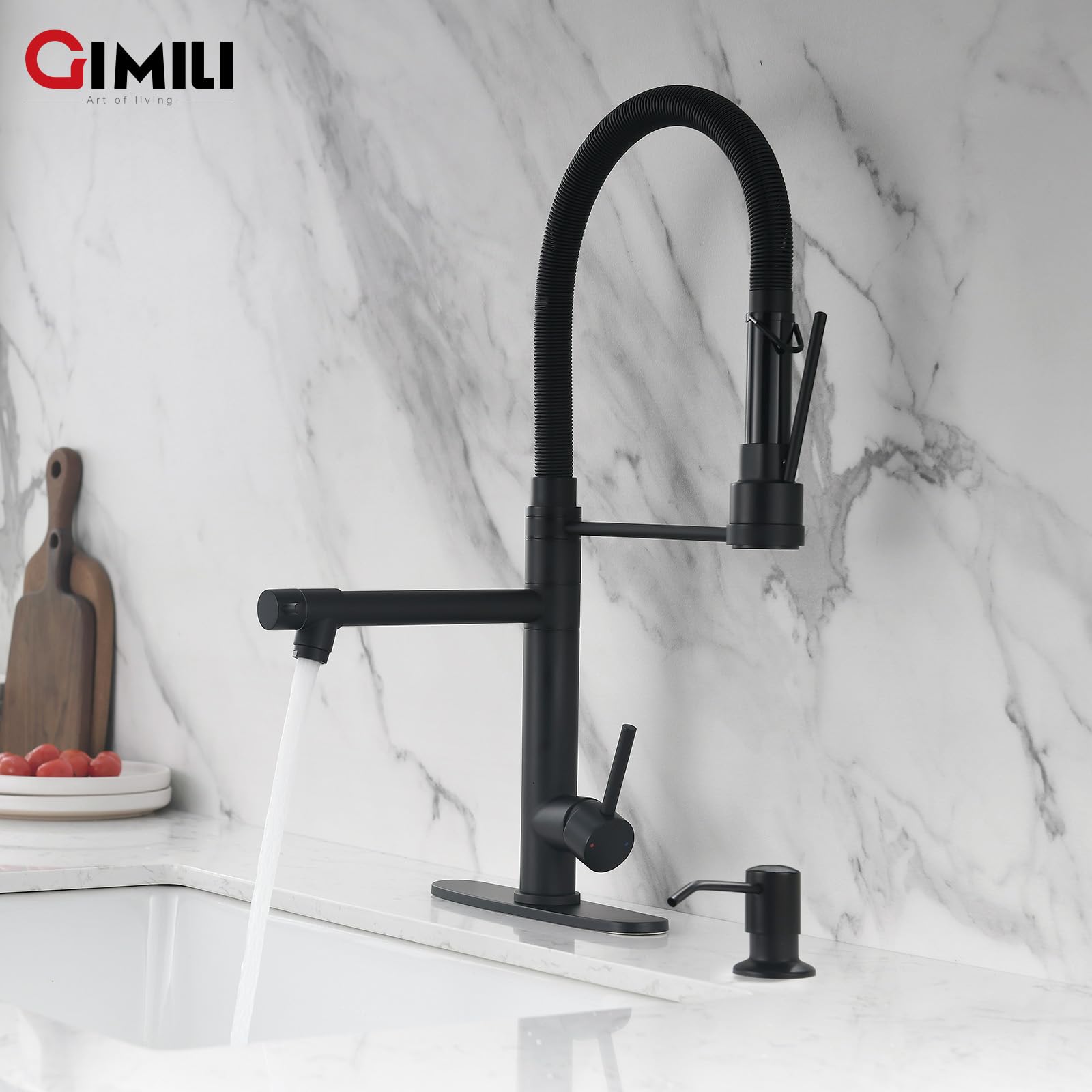 Gimili Matte Black Kitchen Faucet With Soap Dispenser Commercial Kitchen Faucet With Pull Down Sprayer Double-Headed Single Hand