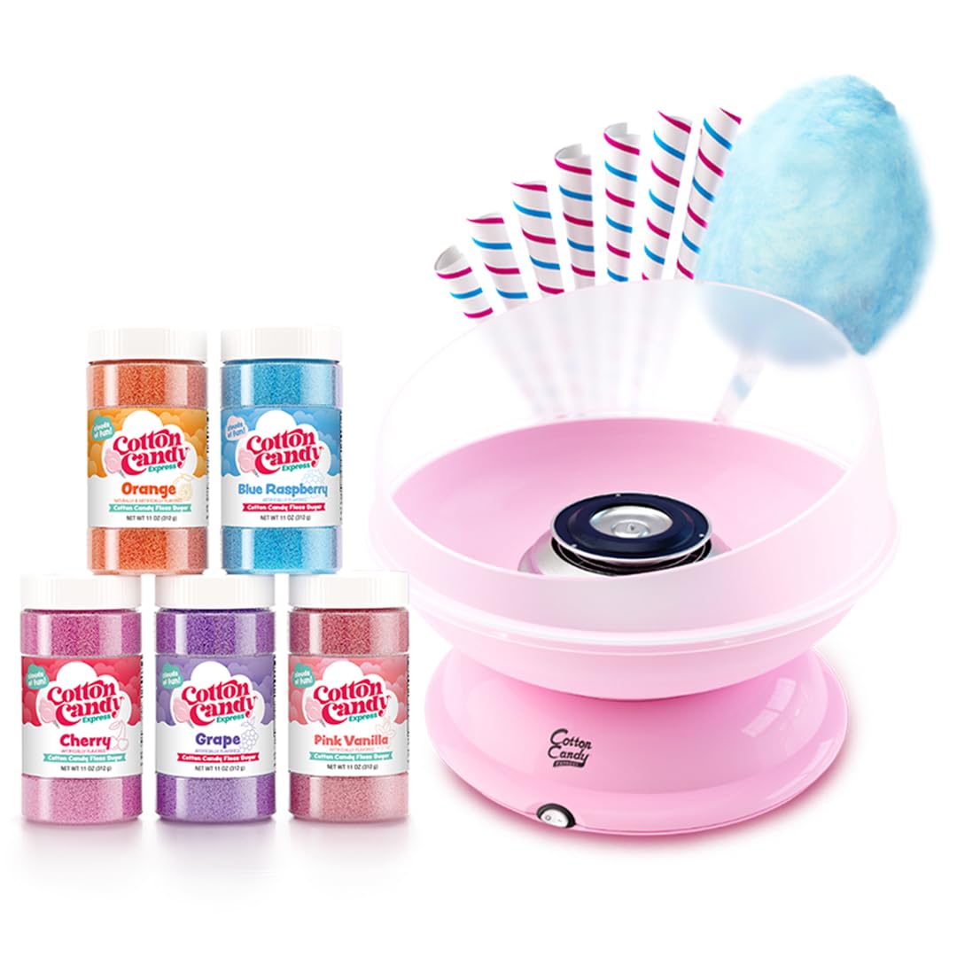 Cotton Candy Express Cc1000-S Cotton Candy Machine, With 5 - 11Oz. Jars Of Cherry, Grape, Blue Raspberry, Orange, Pink Vanilla F