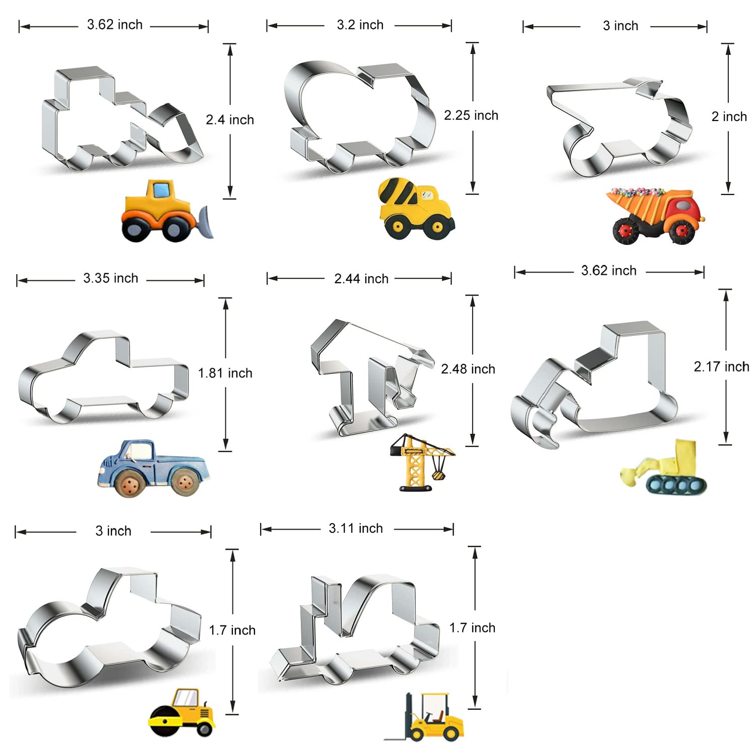 Construction Truck Cookie Cutter Set Of 8 - Bulldozer Cement Mixer Dump Truck Pickup Truck Crane Excavator Forklift - Constructi