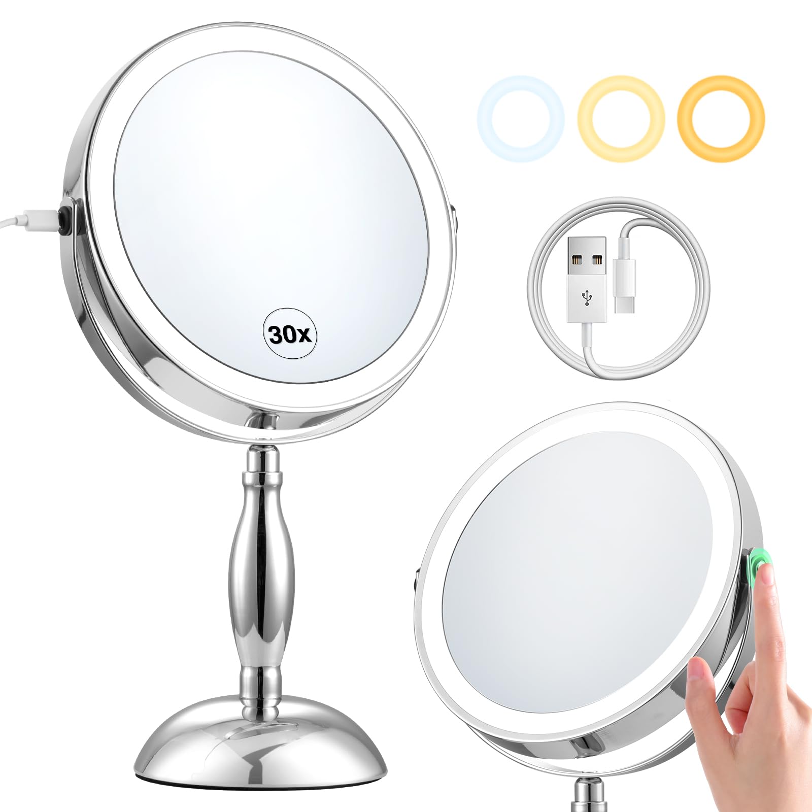 DASLAVA 30x Magnifying Mirror, Lighted Makeup Mirror with 3 Colors Modes & Adjustable Brightness, 360 Rotation Double Side, Larg