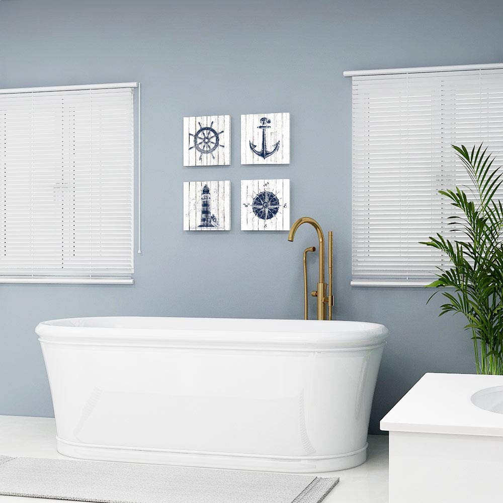 Adecuado Nautical Wall Art Beach Home Decor Boat Anchor Paintings Helm Drawing Compass Lighthouse Rustic Style Pictures Dark Blu