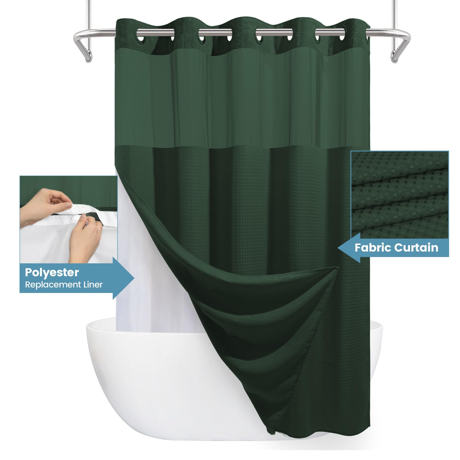 Eutxl Dark Green Shower Curtain And Liner Set - 230Gsm Waffle Weave Textured Heavy Duty,Hotel Luxury Weighted Bath Curtain,71W X