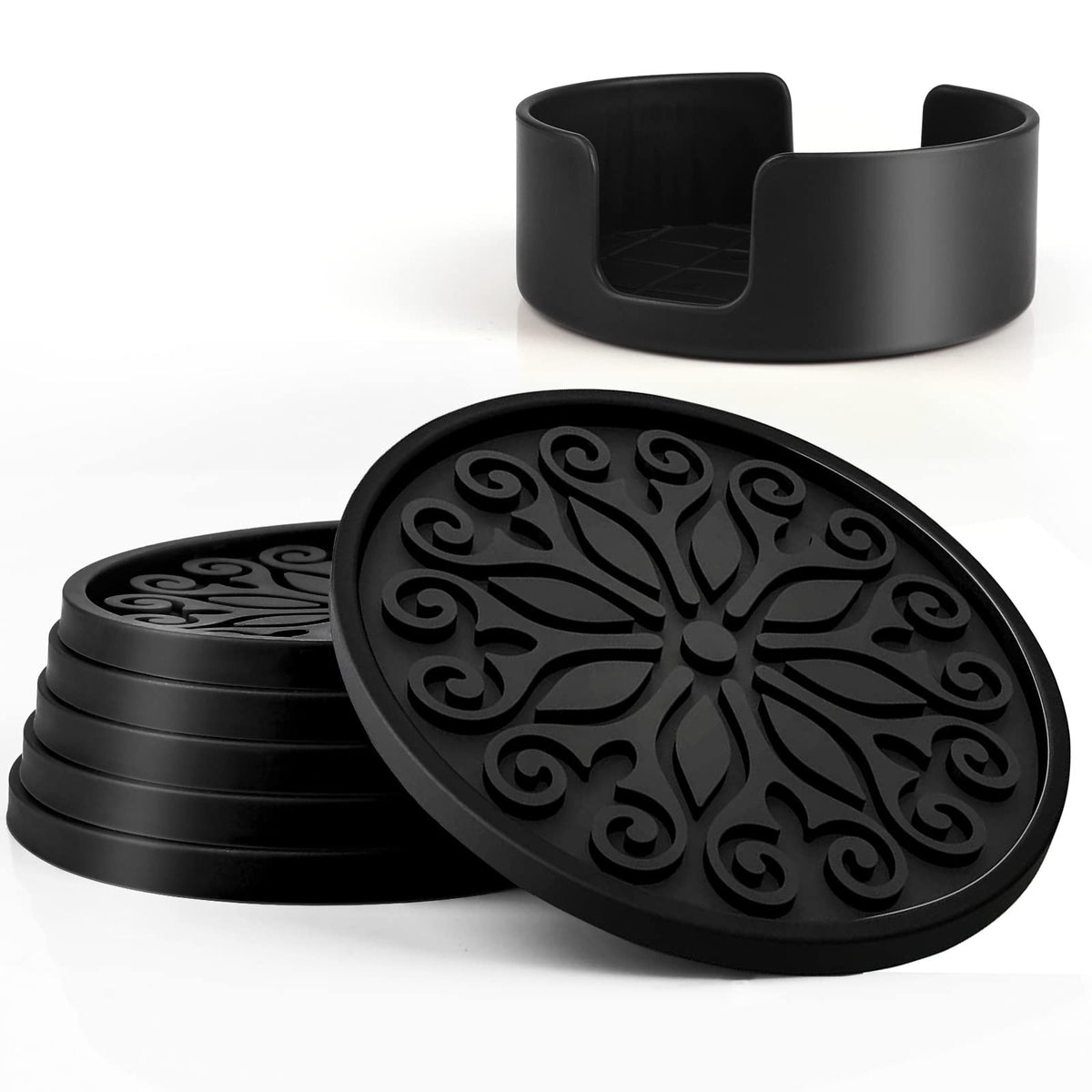 Qusum Coasters For Drinks,Silicone With Holder,Set Of 6 - Great Gift Birthday, Housewarming, Room Decor, Bar, Holiday Party (Bla