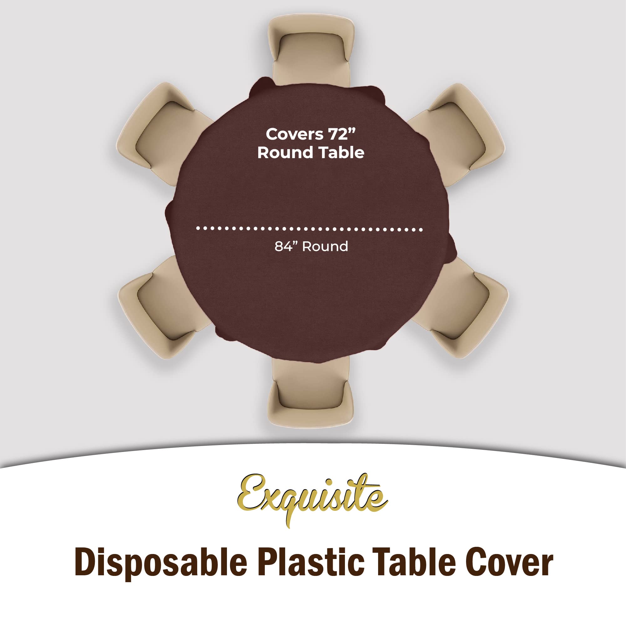 Exquisite 6-Pack Premium Plastic Tablecloth 84In. Round Plastic Table Cover - Brown