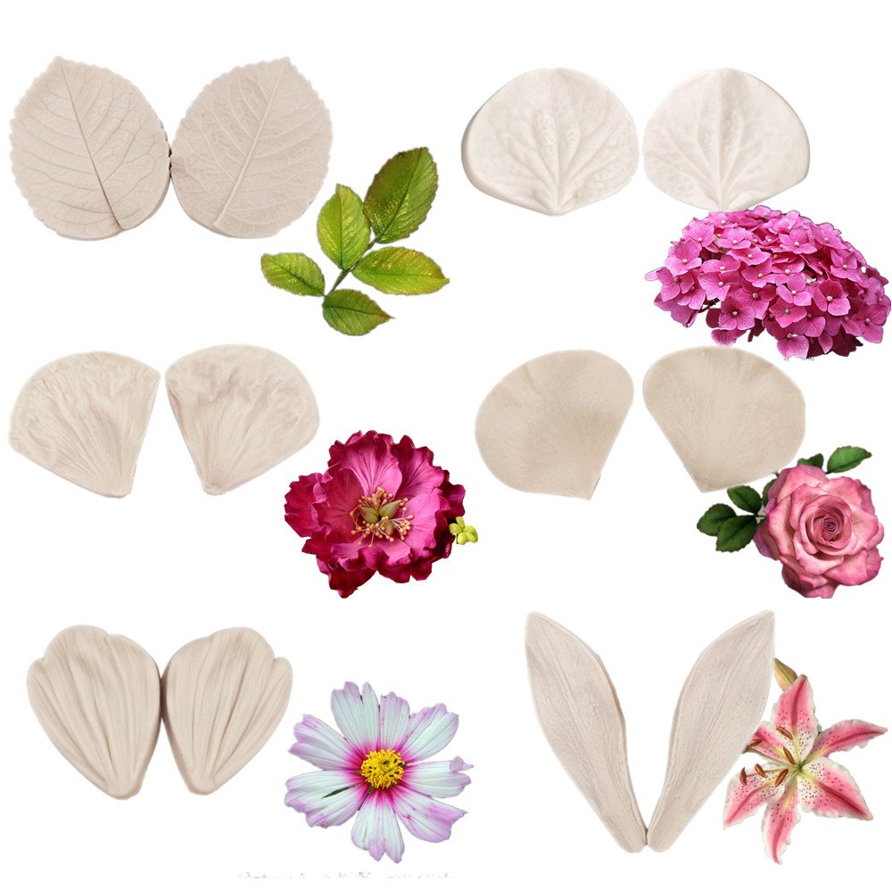 6Set Gumpaste Flower Silicone Veining Mold - Fondant Rose Veined Mold,Gum Paste Peony Flower Mold,Sugar Flower Cake Decorating T