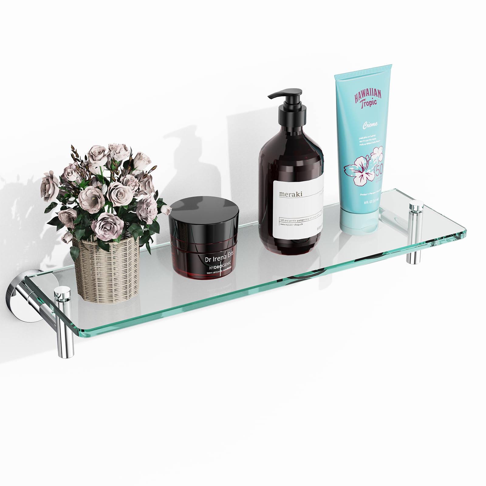 KOCOK Glass Shelf for Bathroom,16-Inch Chrome Polished Glass Bathroom Shelves Rectangular Stainless Steel Floating Glass Shelves