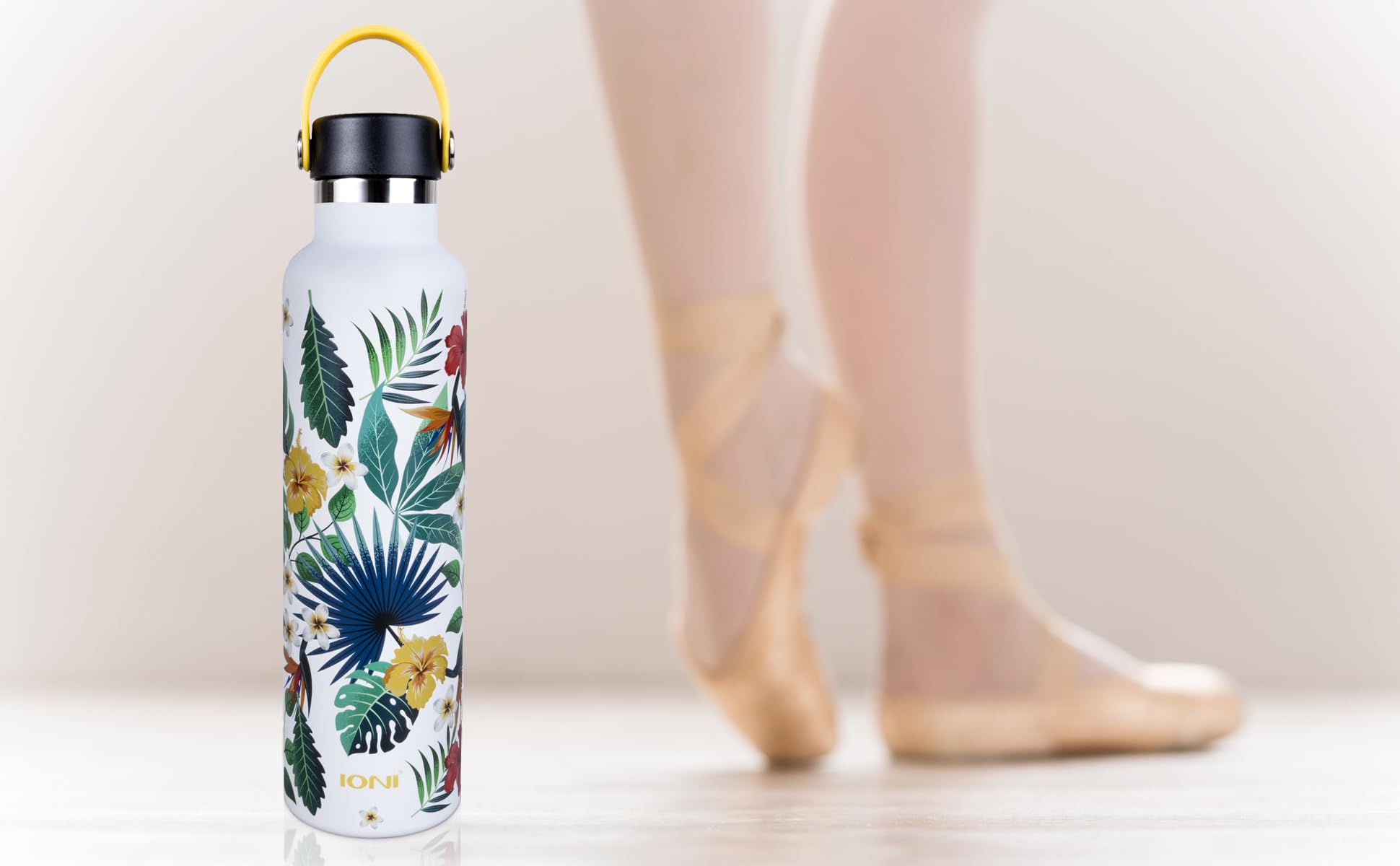 Ioni Water Bottle For Women 24Oz (2 Lids) - Designer Water Bottle White Tropical Art - Bpa Free Stainless Steel Insulated Leakpr