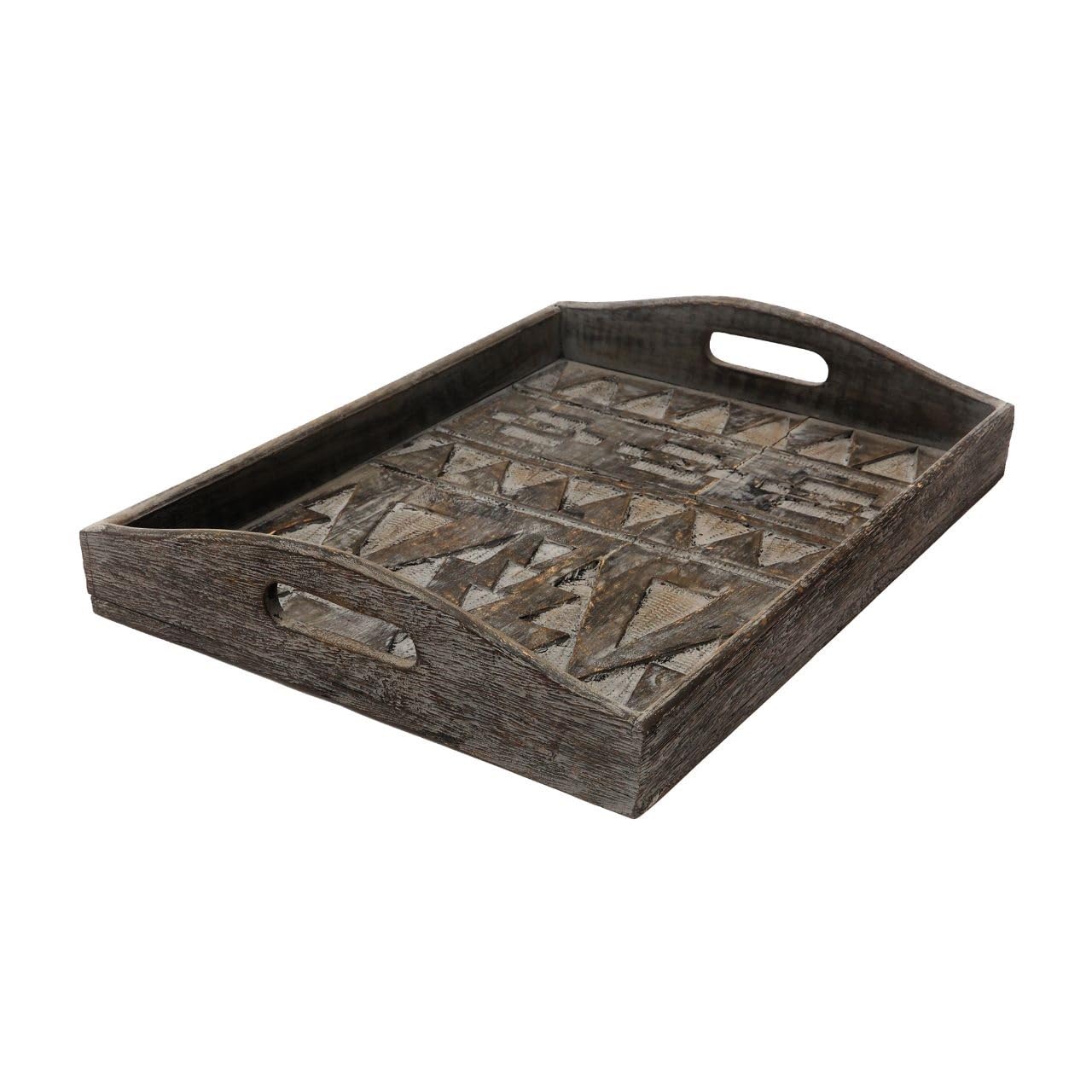 Designer Library 16 Inch Large Size Tribal Carved Decorative Serving Tray For Office And Home Decor Made By Mango Wood With Ash
