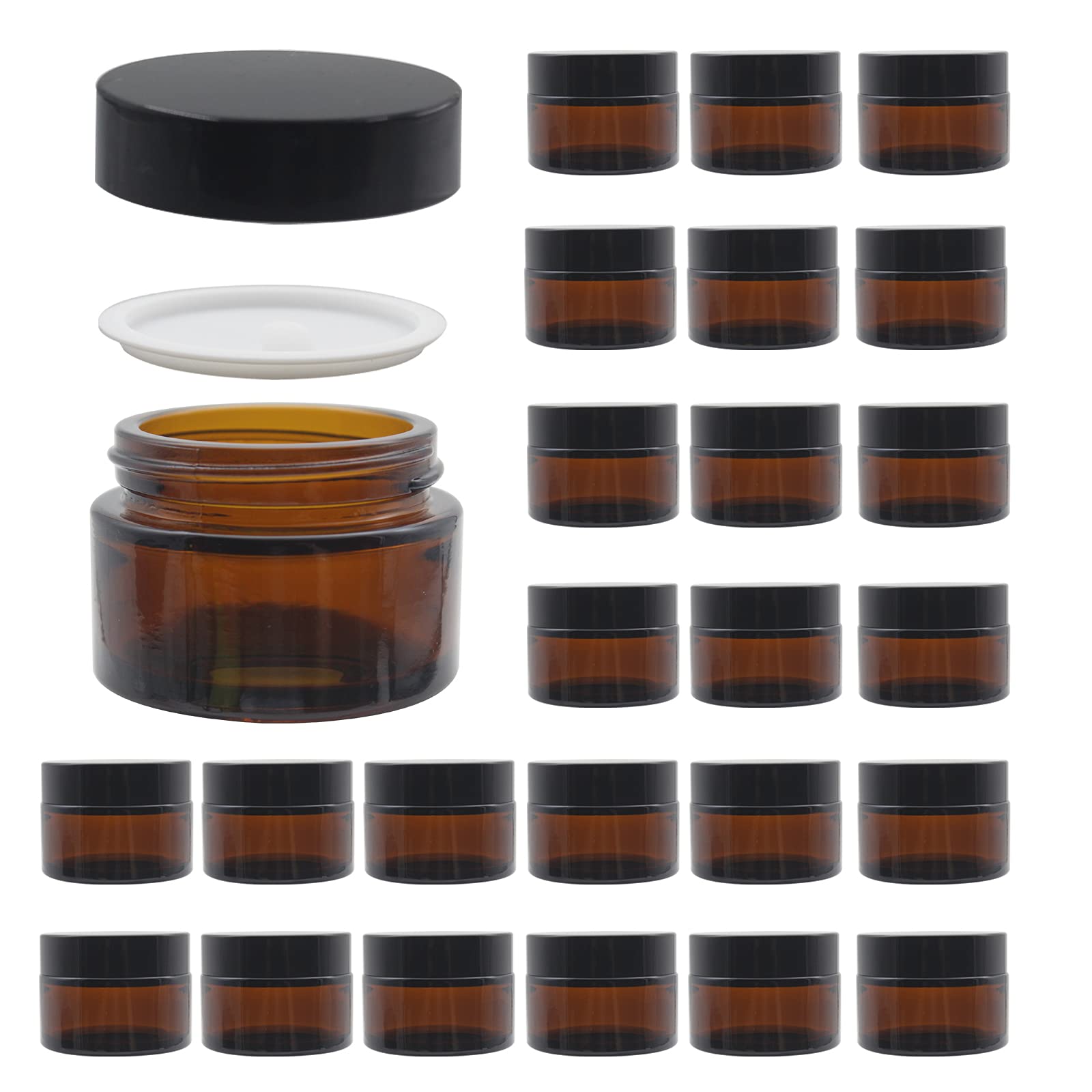 Bpfy 24 Pack 1 Oz Round Amber Glass Cosmetic Jars With Lids And Inner Liners, Travel Glass Jars, Refillable Cosmetic Containers