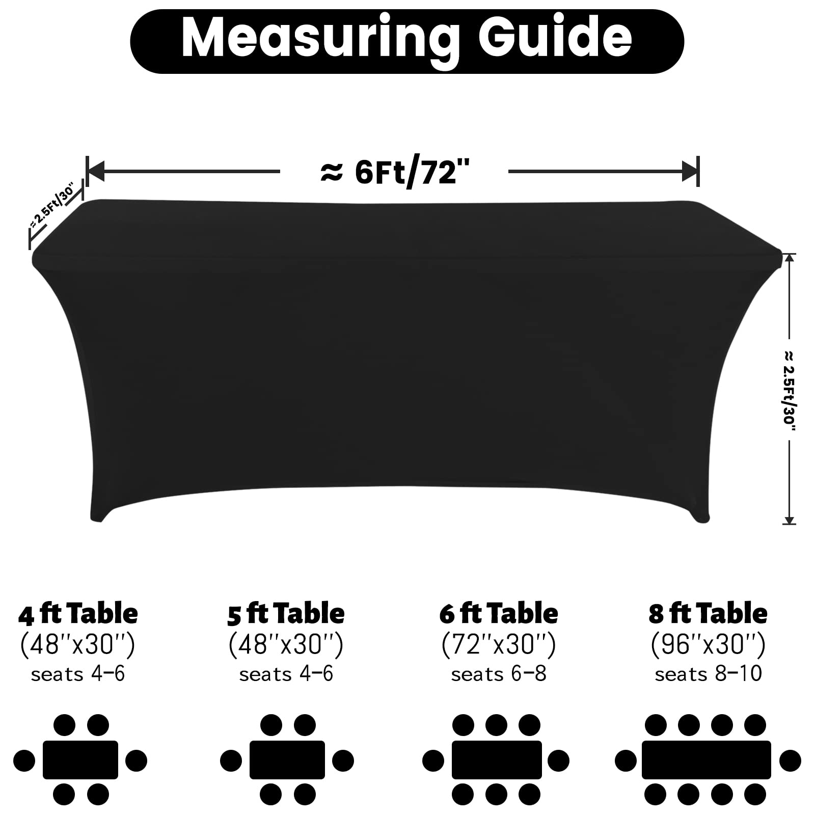 Fhberni Spandex Table Cover 6 ft. Fitted Polyester Tablecloth Stretch Table Cover Table Topper Open Back - Black