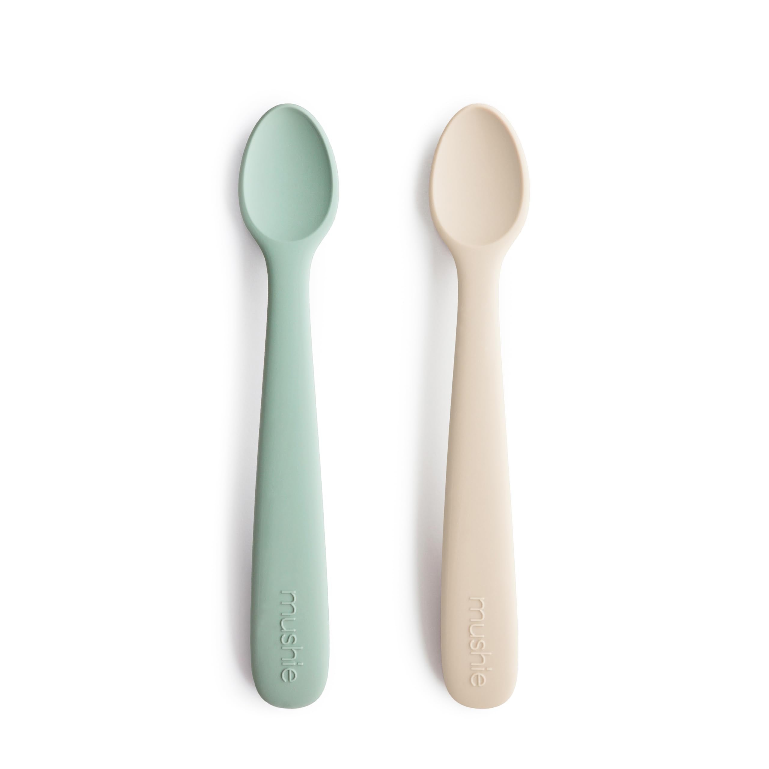 Mushie Silicone Baby Feeding Spoons | 2 Pack (Cambridge Blue/Shifting Sand)