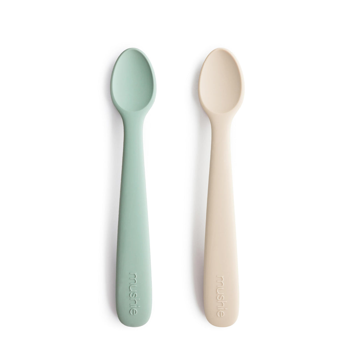 Mushie Silicone Baby Feeding Spoons | 2 Pack (Cambridge Blue/Shifting Sand)