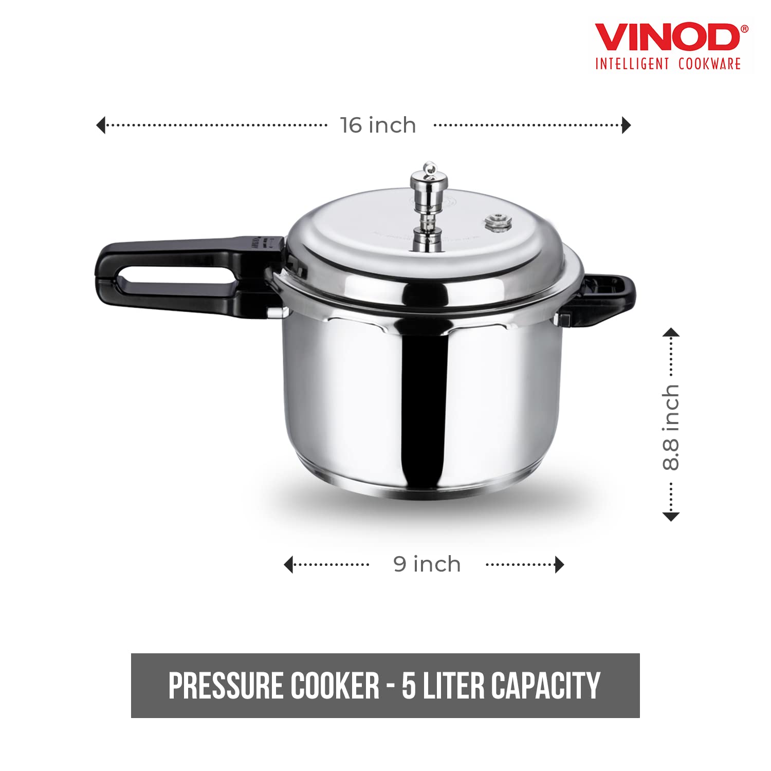 Vinod Pressure Cooker Stainless Steel - Outer Lid - 5 Liter - Induction Base Cooker - Indian Pressure Cooker - Sandwich Bottom -