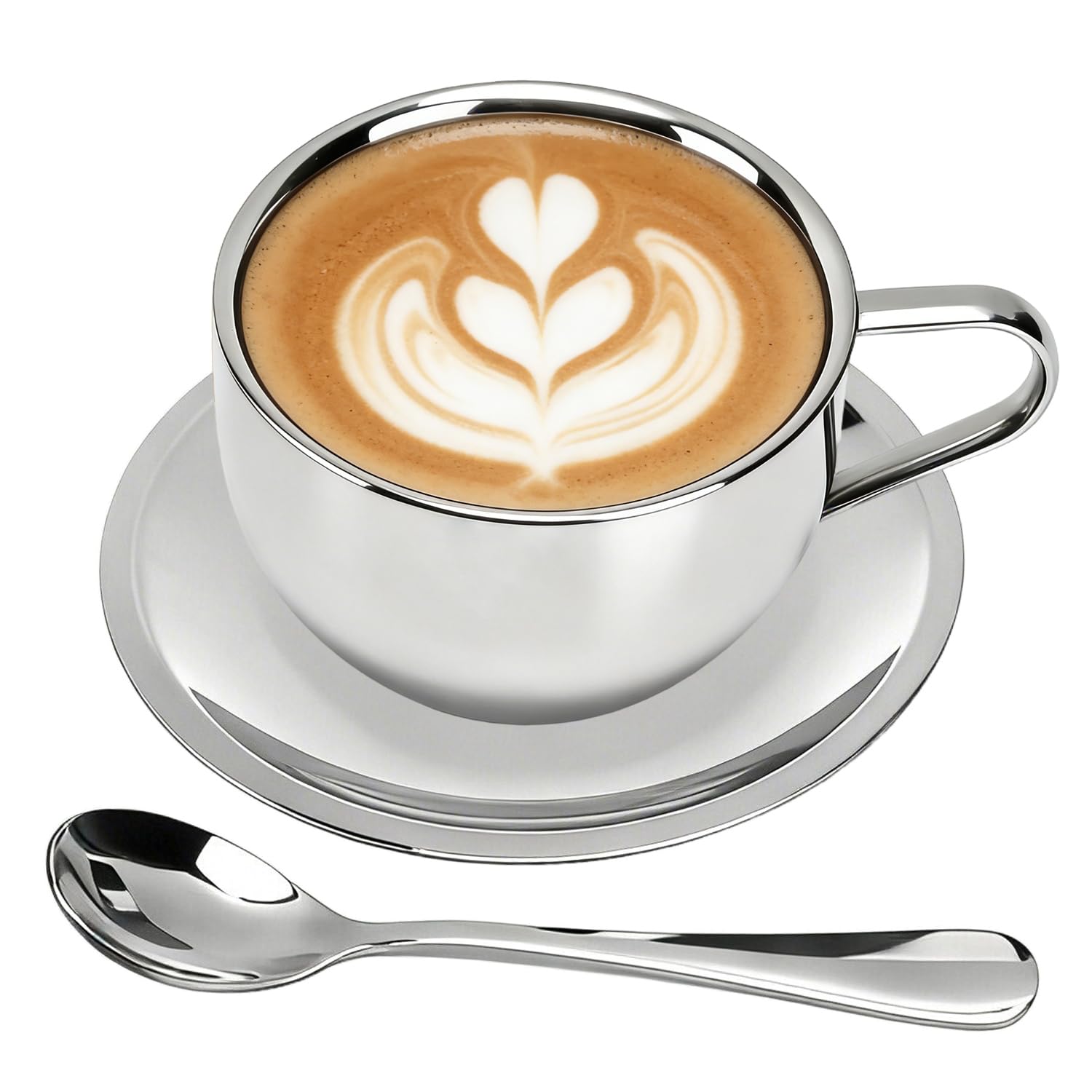 Hapivida Coffee Cup Set, 6.3oz Stainless Steel Espresso Cup Double Walled Mugs Tea Cup with Saucer and Spoon for Latte Cappuccin