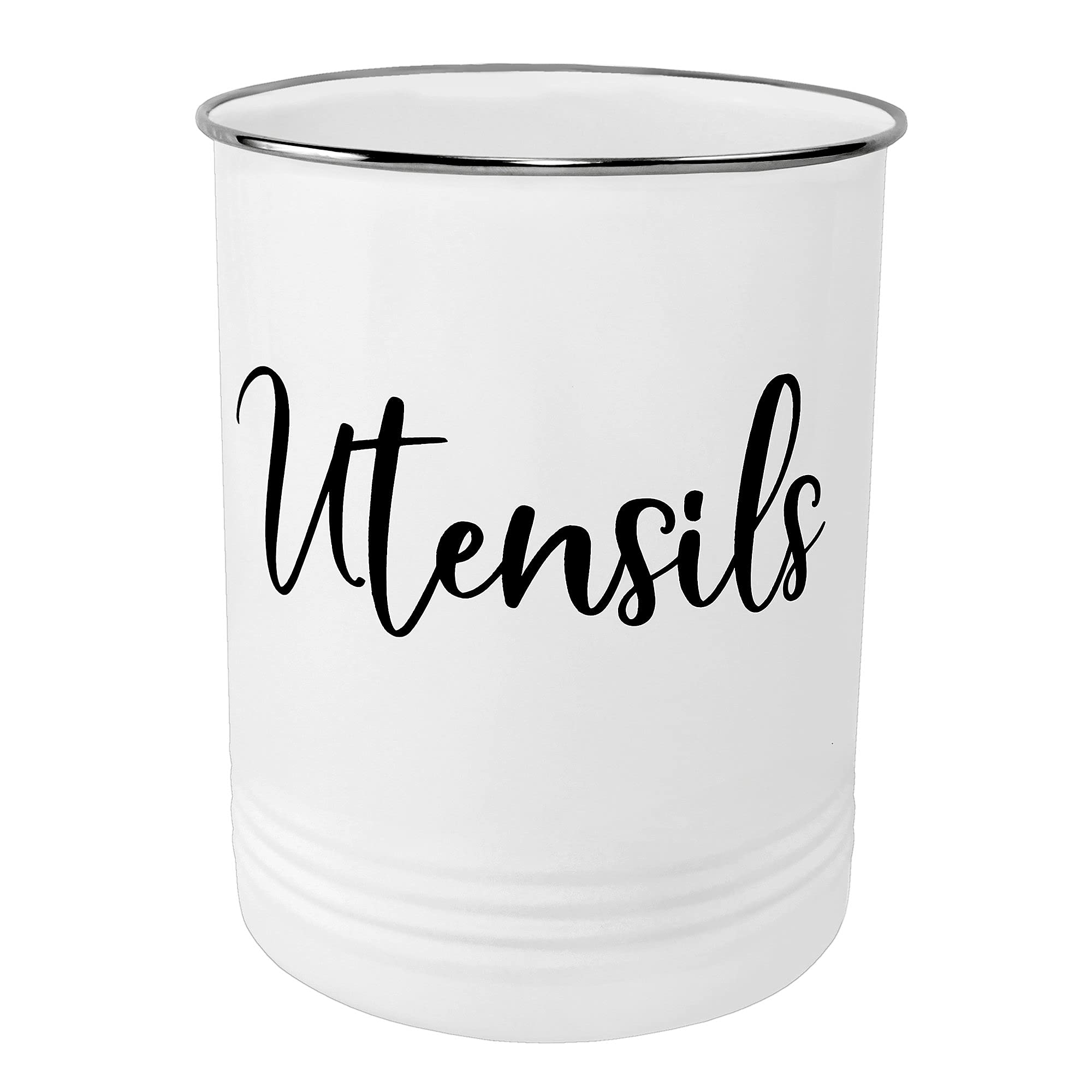 Home Acre Designs Vintage Farmhouse Utensil Holder - Stylish Countertop Organizer And Kitchen Decor Caddy - Stainless Steel Rim