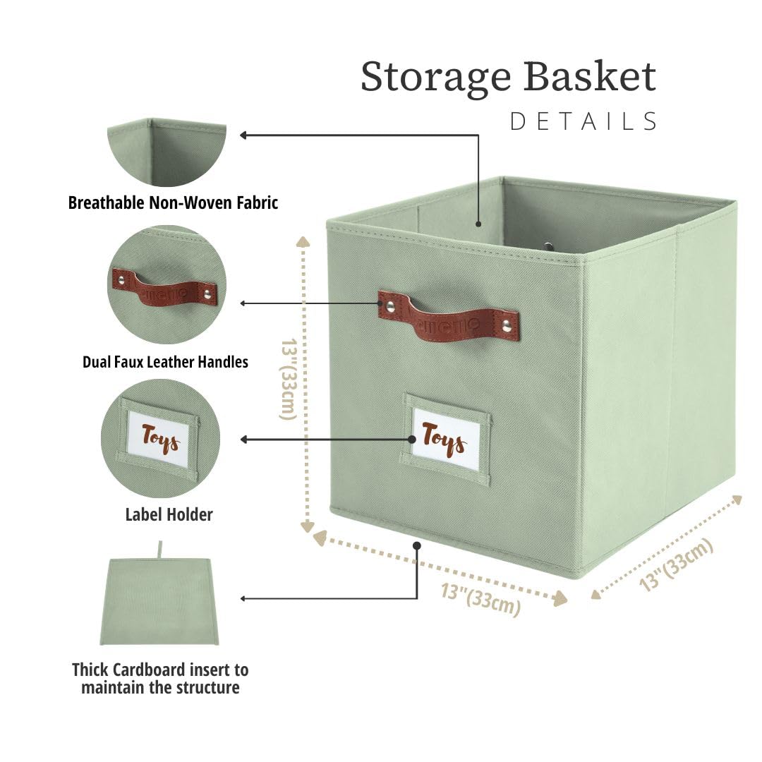 DECOMOMO Storage Cubes, 13x13x13 Storage Cube Bins with Labels, Fabric Organizer Bins (13 / 6pcs, Sage Green)