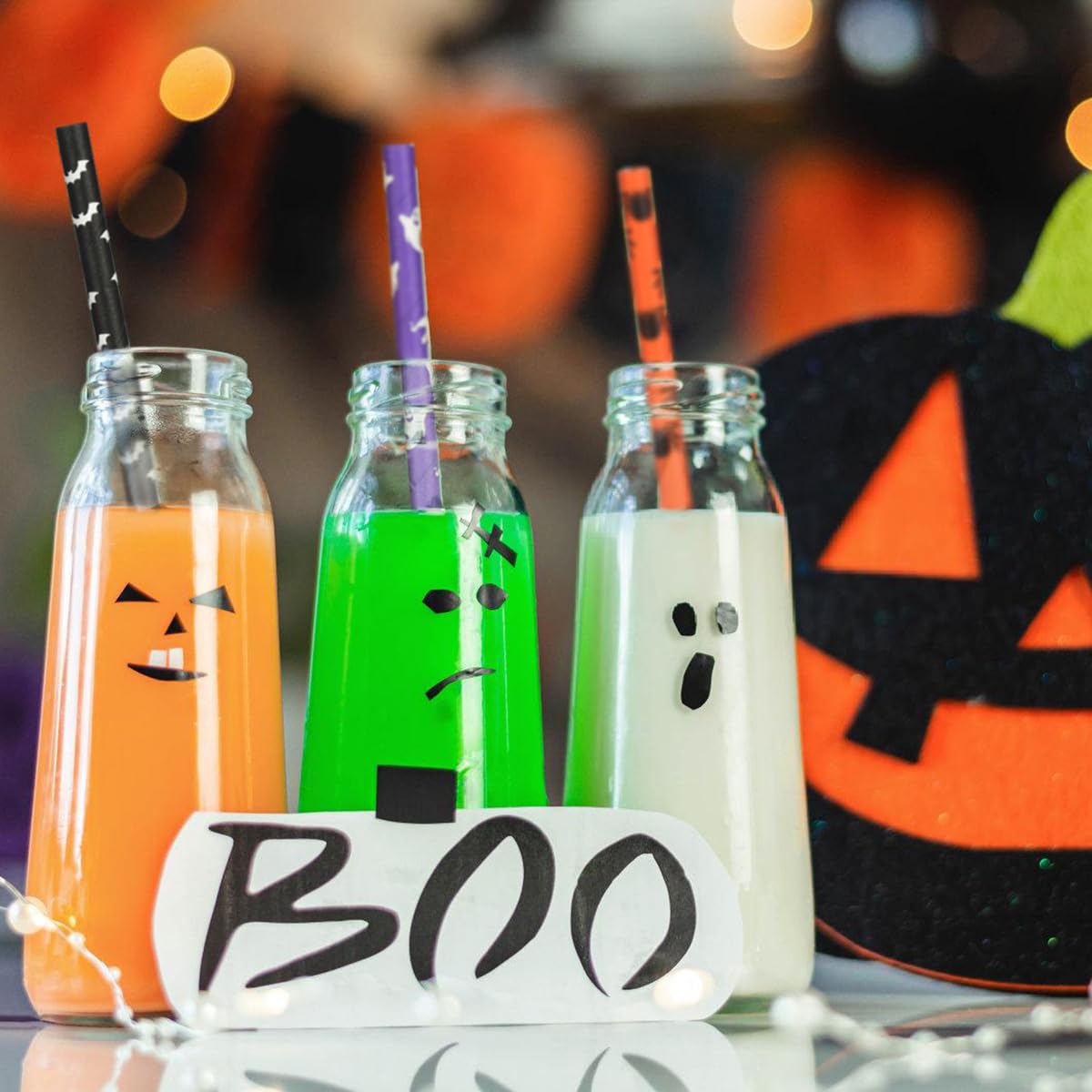 ALINK 100 Counts Halloween Paper Straws  10 Styles Black White Orange Purple Biodegradable Party Drinking Straws with Stripe  Wave  Dots  Skull Head  Ghost  Bats  Pumpkin  Spider Design
