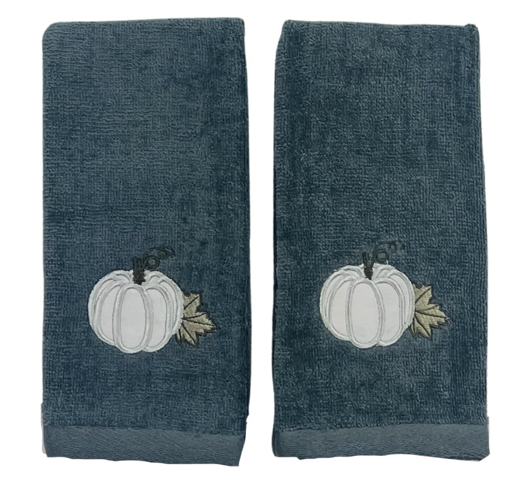 Serafina Home Decorative Fall Harvest Hand Fingertip Towels: Harvest Grey Pumkin On Grey Plush Soft Cotton, Set Of 2 12 X 18 Inc