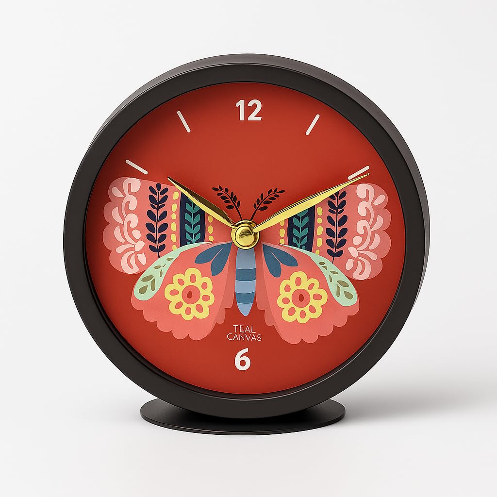 Teal By Chumbak Cute Butterfly Round Wall And Table Clock, Analogue Plastic Sweep Movement Clock, Decorative Wall Dcor For Home,