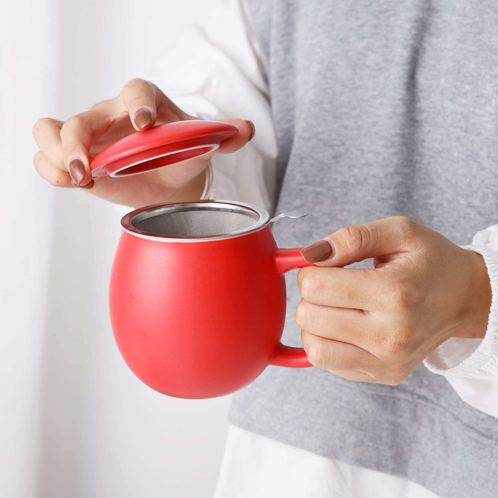 Yundu 12 Oz Matte Red Porcelain Teacup With Infuser And Lid, Mug With Lid For Steeping - Thankgiving Father Day Christmas Gift F