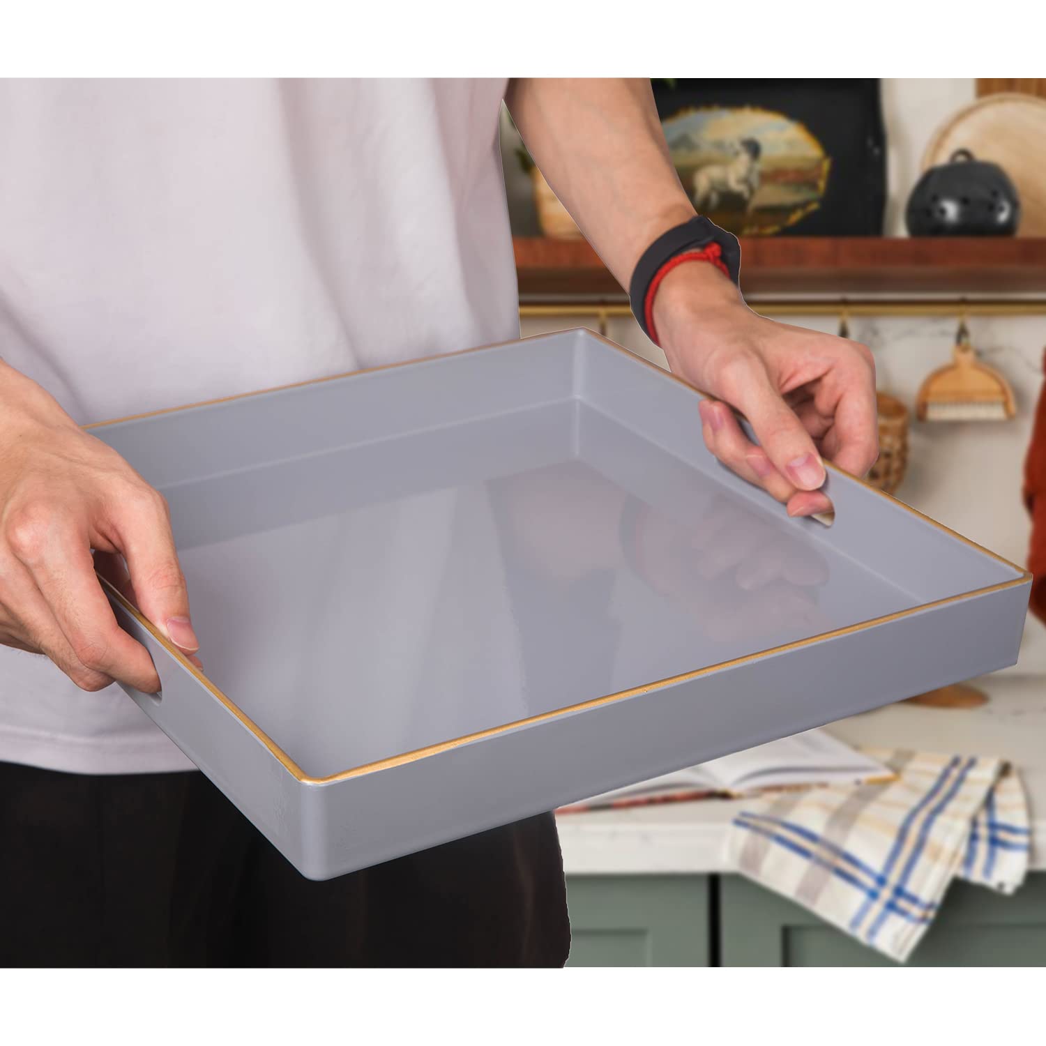 MAONAME Decorative Tray  Gray Serving Tray with Handles  Coffee Table Tray  Square Plastic Tray for Ottoman  Bathroom  Kitchen  13''x13''x1.57''