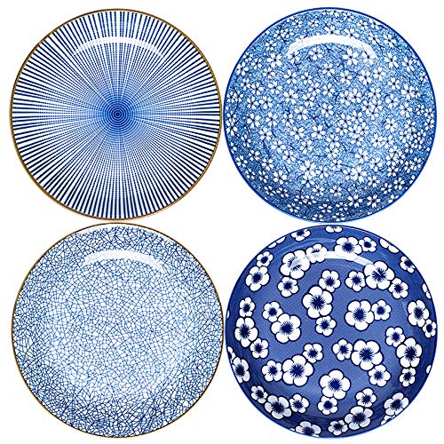 Kylimate 9.1'' (23Cm) Porcelain Bowl Set, 34 Ounce, Set Of 4, Shallow Bowls For Pasta, Salad, Cereal, Assorted Four Classical Bl