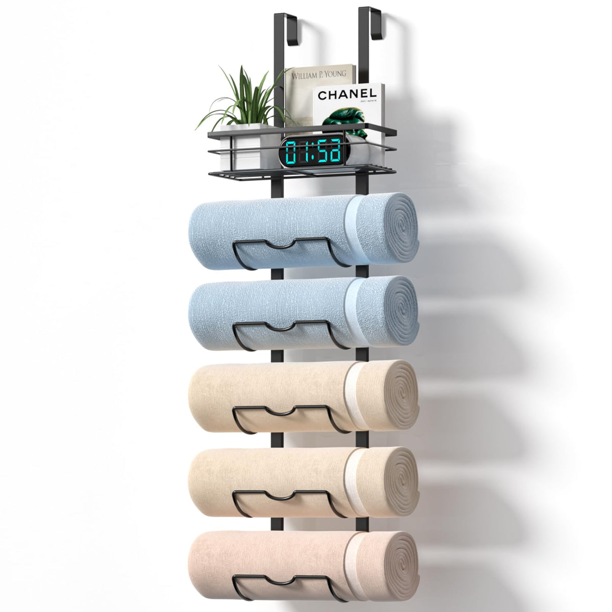 Xstydes 6-Tier Over The Door Towel Rack,Towel Racks For Bathroom, Metal Towel Holder With Storage Basket,Towel Storage For Small