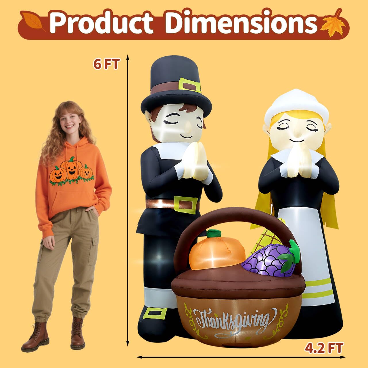 6FT Thanksgiving Inflatables Fall Outdoor Decorations, Lighted Pilgrim Boy and Girl Blow Up with Basket & 11 Built-in LEDs & Blo