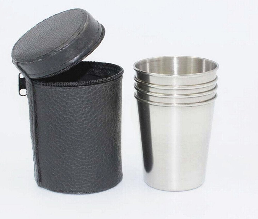 Yueton Set Of 4 Stainless Steel Shot Cups Drinking Vessel With Black Leather Carrying Case (70Ml)