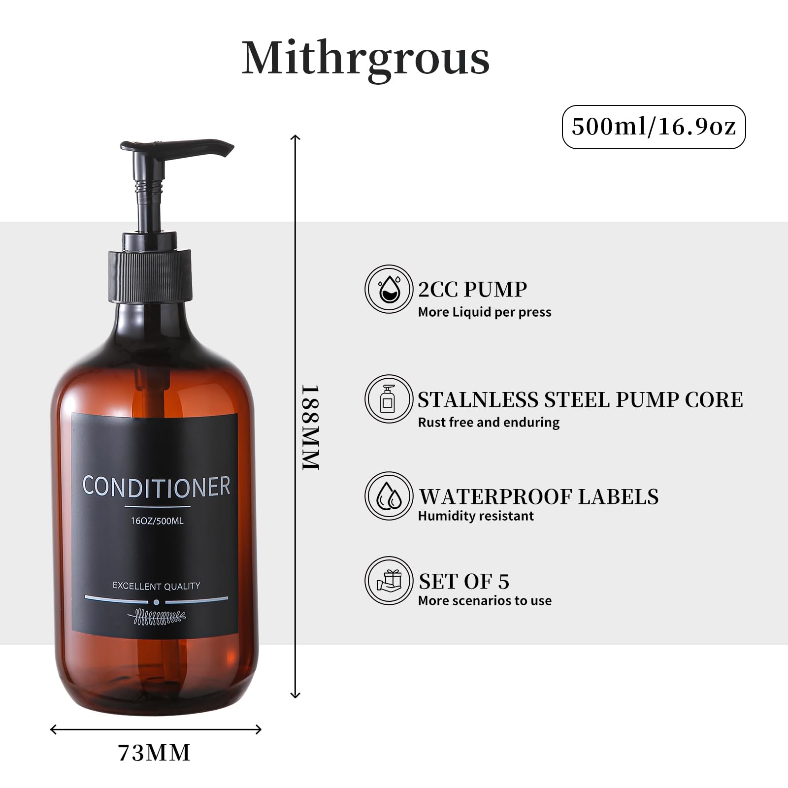 Mithrgrous Shampoo And Conditioner Bottles(5Pack),Shampoo Dispenser For Shower,Shampoo Bottles Refillable With Pump,Bathroom Dis