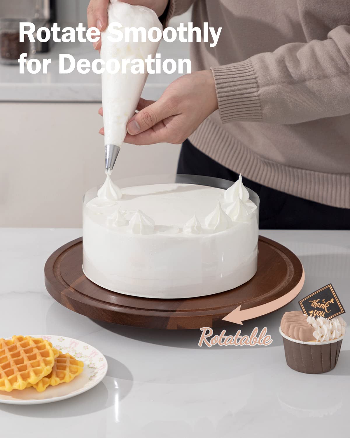 Fun Elements Rotating Cake Stand With Dome, Acacia Wood Cake Plate | Lazy Susan With Acrylic Lid For Table, Cheese Board & Servi