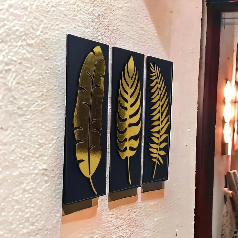 Shilp Handicraft Golden Three Elements Wooden Wall Art | Home Decor Items | Home Decor For Living Room | Bedroom | Kitchen | Kid