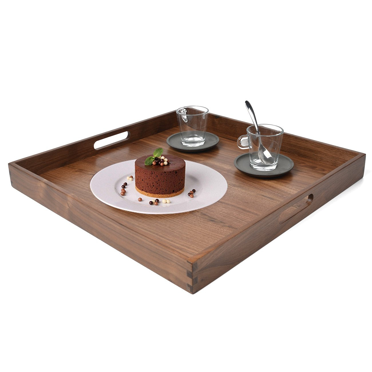 Kingcraft 19 X 19 Inches Black Walnut Large Ottoman Tray Wooden Table Tray Square Solid Serving Tray With Handles Platter Decora