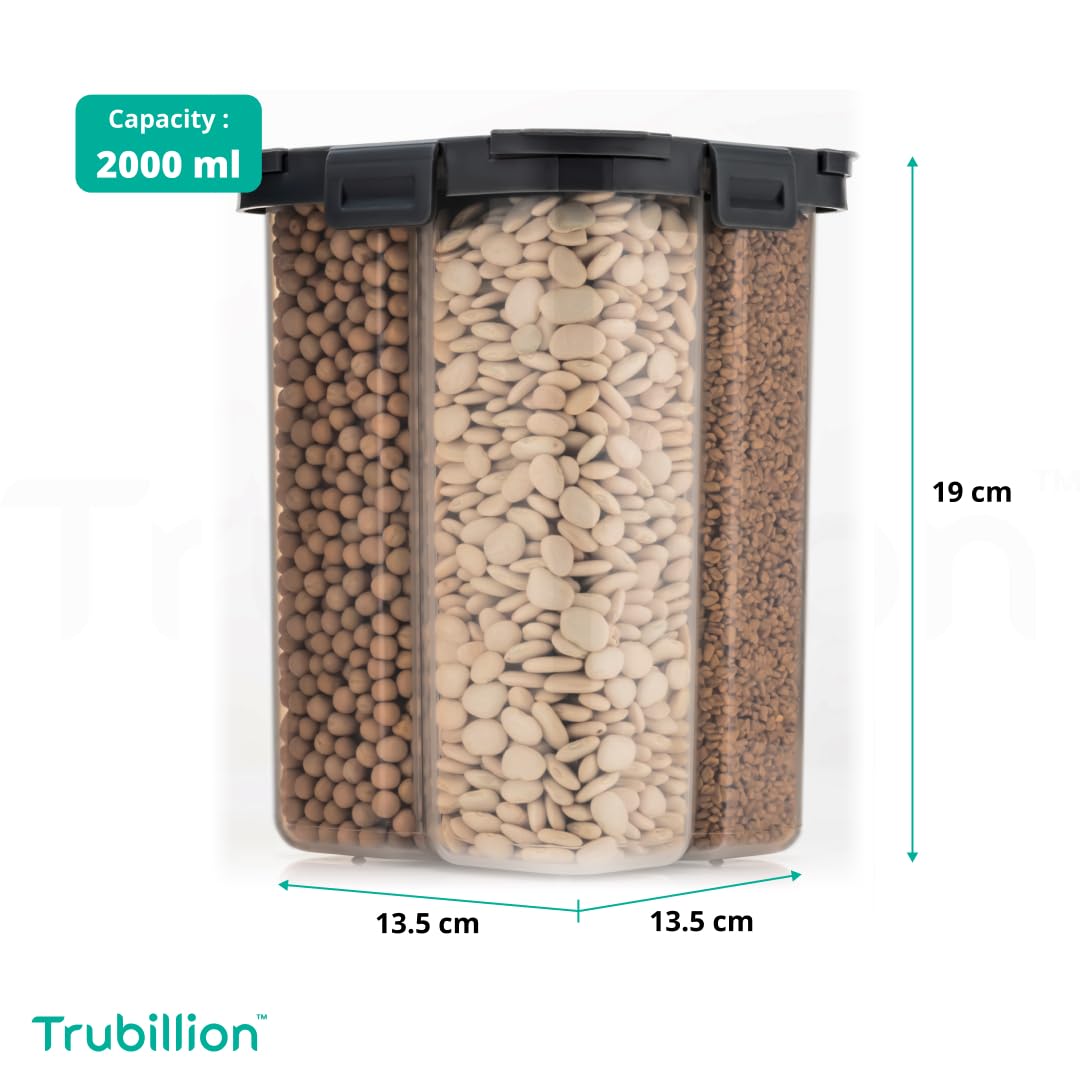 Trubillion Splitbox 4-Section Kitchen Food Storage Container,2000Ml Bpa-Free Transparent,Black Lid,Removable Divider,Freezer Saf
