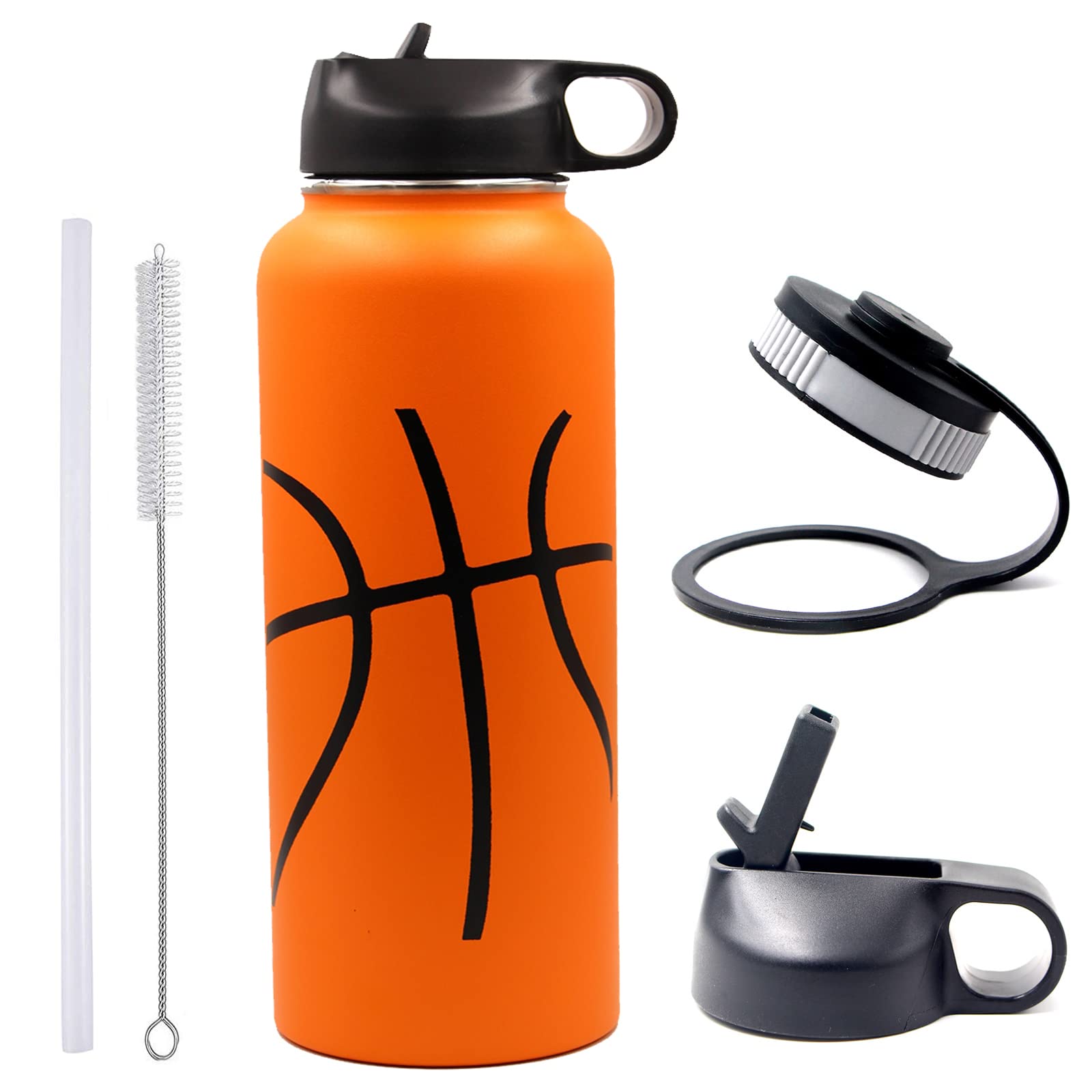 40 Oz Basketball Water Bottle, Flask Sports With 2 Lids 18/8 Stainless Steel Travel Tumbler Double Wall Vacuum Insulated Hot/Col
