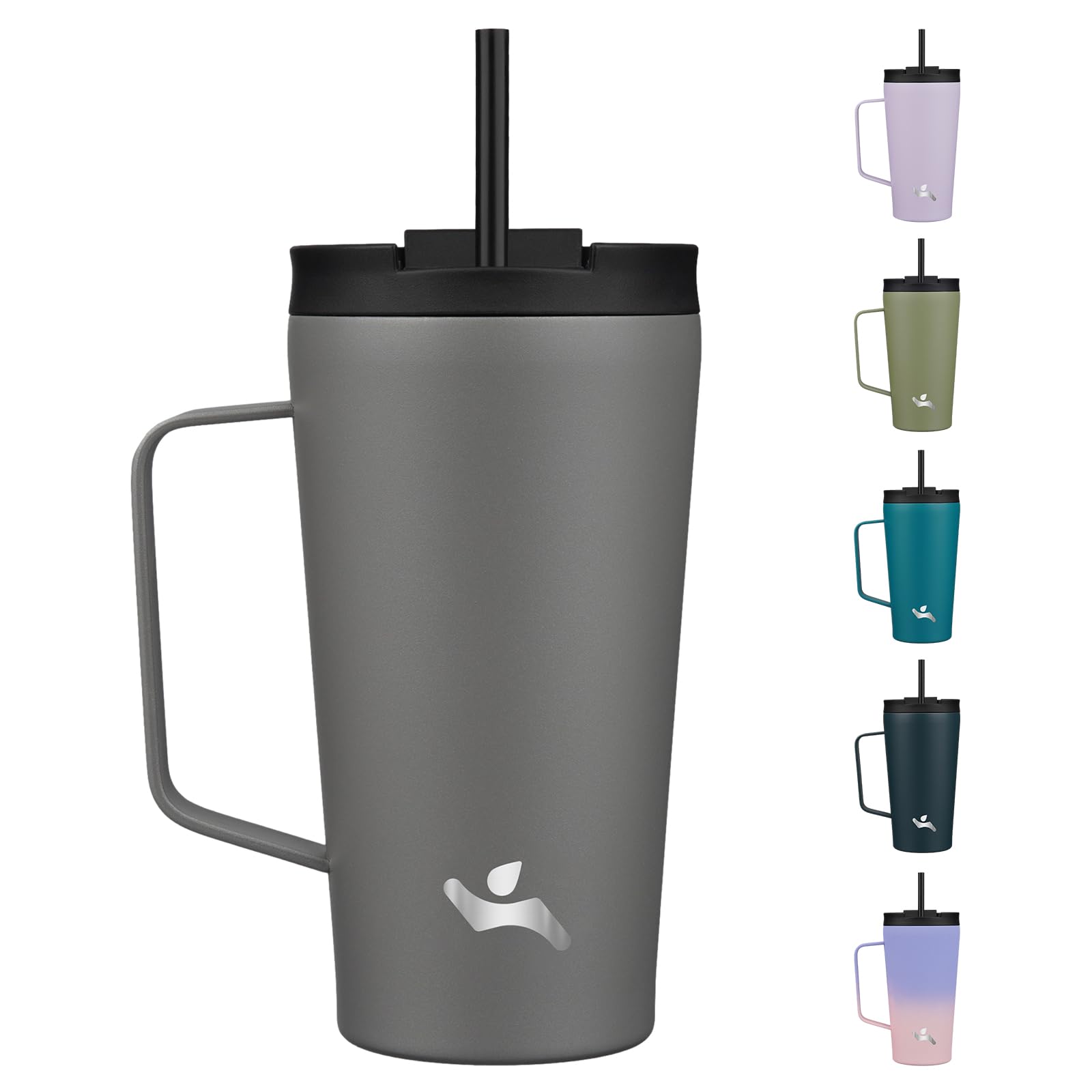 Konokyo Insulated Tumbler with Handle and Straw, 18 OZ Travel Coffee Mug Stainless Steel Cup Metal Water Bottle,Grey