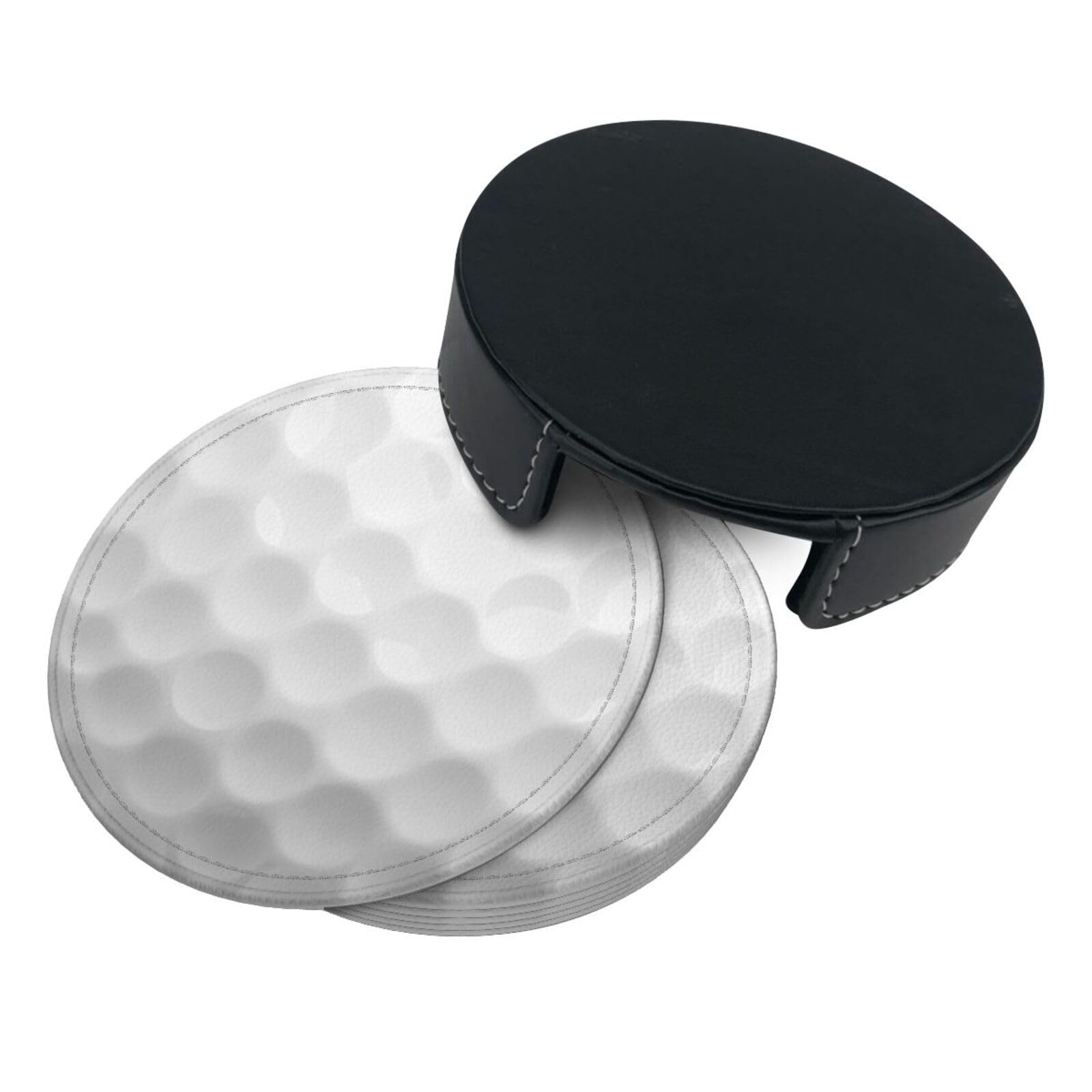 White Golf Ball Coasters For Drinks With Holder, Leather Coasters Set Of 6, Round Cups Mugs Mat Pad For Home Kitchen
