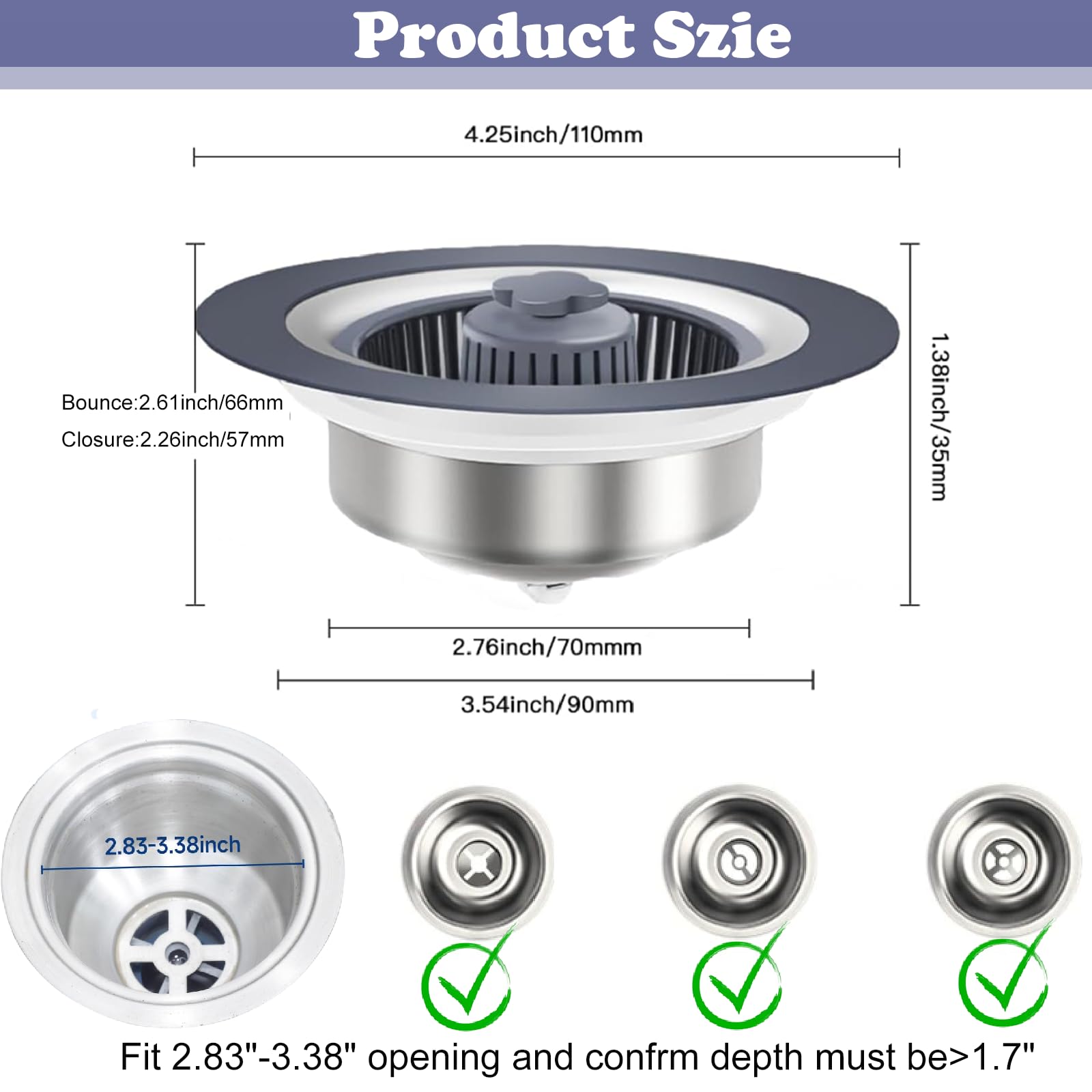 2024 New Upgraded 3 In 1 Kitchen Sink Drain Strainer And Stopper, Stainless Steel Sink Bounce Core Drain Strainer, Pop Up Anti-C