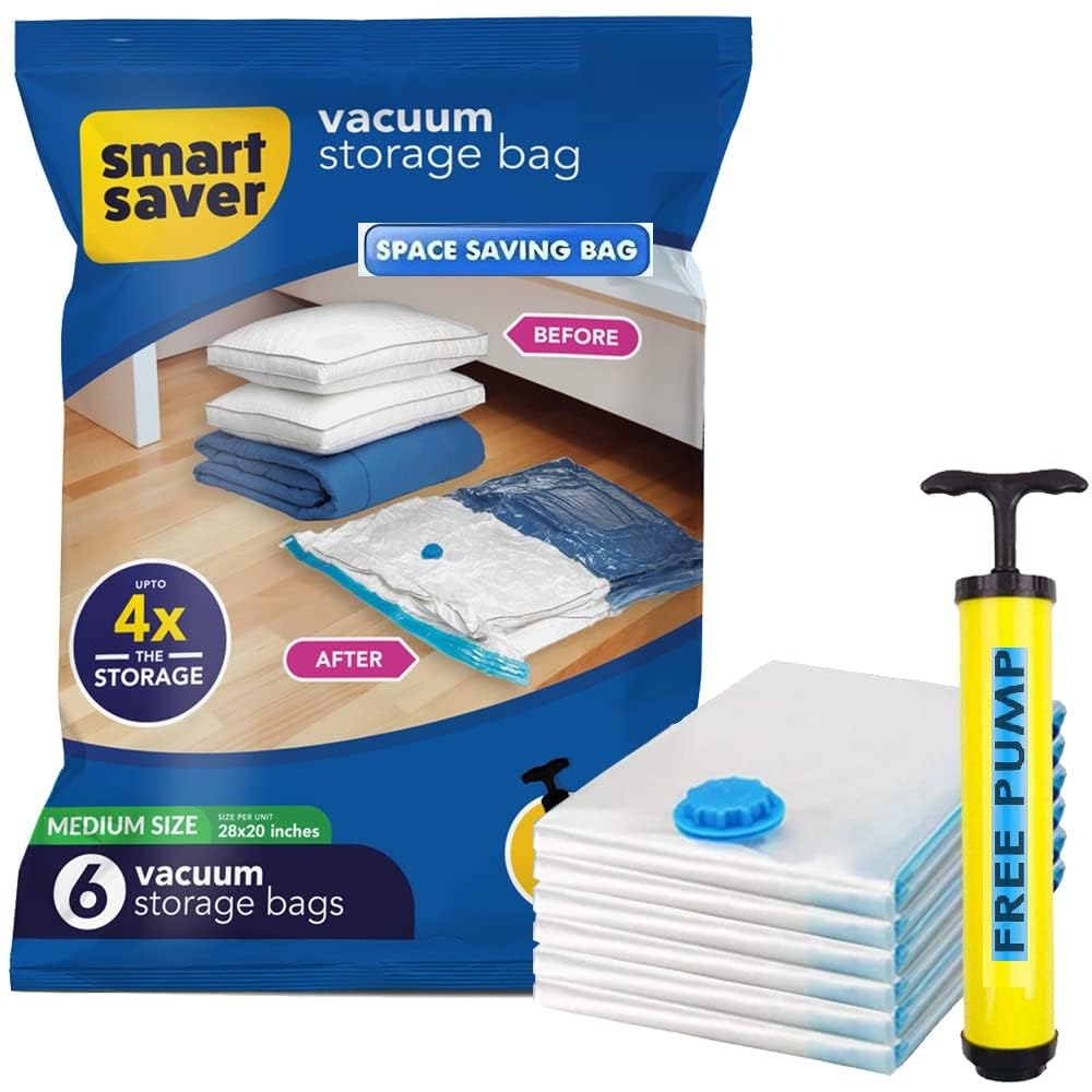 ELMVIA Vacuum Storage Bags with Hand Pump (1 Large/2 Medium/2 Small) Storage Bags for Clothes, Bedding, Pillows, Comforters, Bla