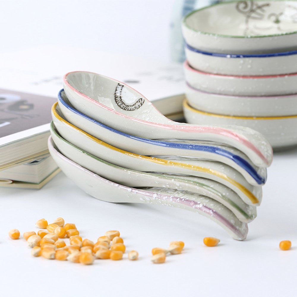 5Pcs Ceramics Japanese Fortune Cat Lucky Cat Hand Painted Soup Spoons