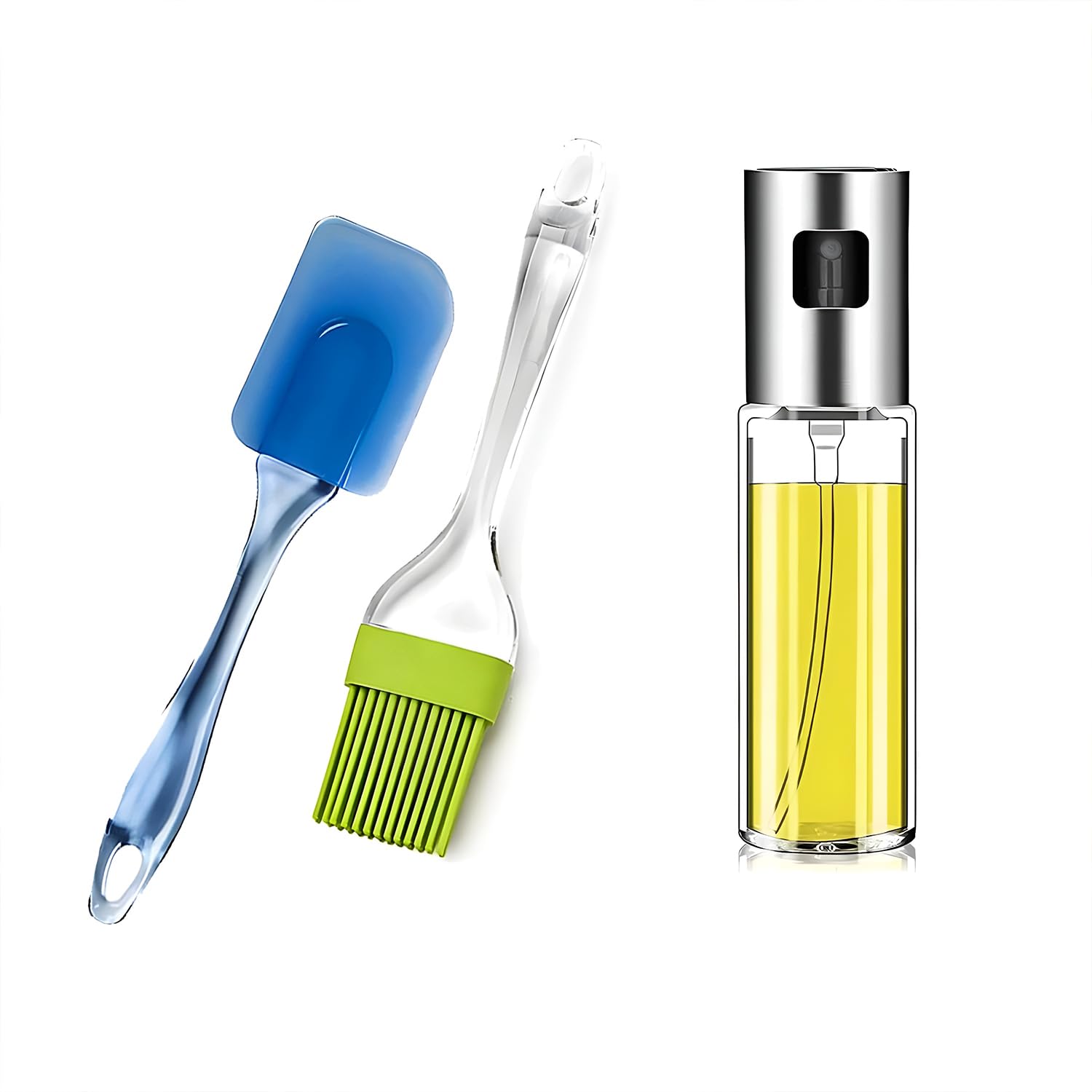 Oblivion Oil Sprayer Dispenser Glass Bottle For Cooking And MultiUse With Silicone Spatula And Pastry Brush Set For Cake Mixing