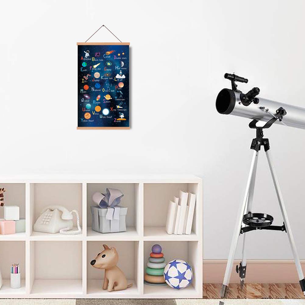 KAIRNE Outer Space Room Decor With Wood Magnetic Poster Hanger Framed ABC Alphabet Space Posters(28X45CM) Space Galaxy Themed Pictures For Boys Room Kids Space Room Nursery Classroom Decor