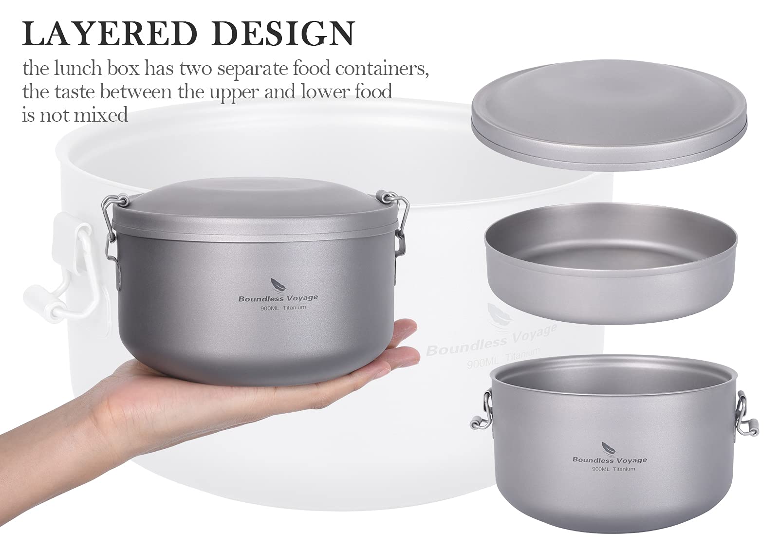 Boundless Voyage Outdoor Titanium Lunch Box Uncoated Bowls With Lid Separated Multi-Layer Office Worker Bento Box Ti1095T