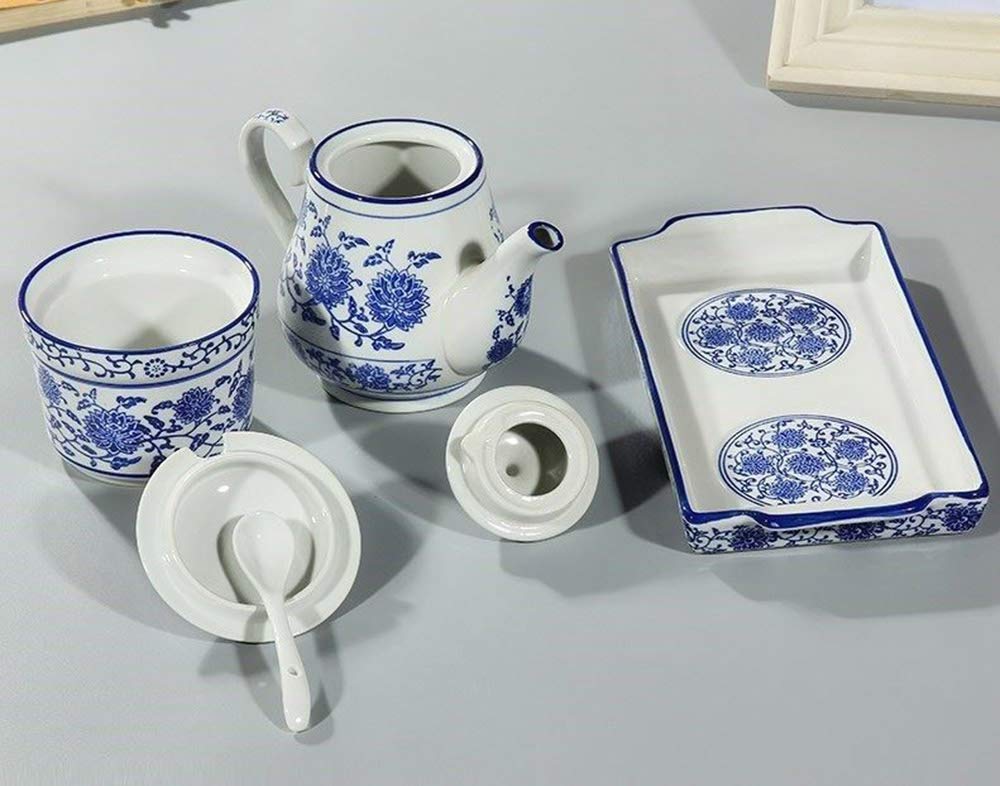 123Arts Ceramic Blue And White Sugar Bowl Spice Jar With Lid Spoon Seasoning Pot