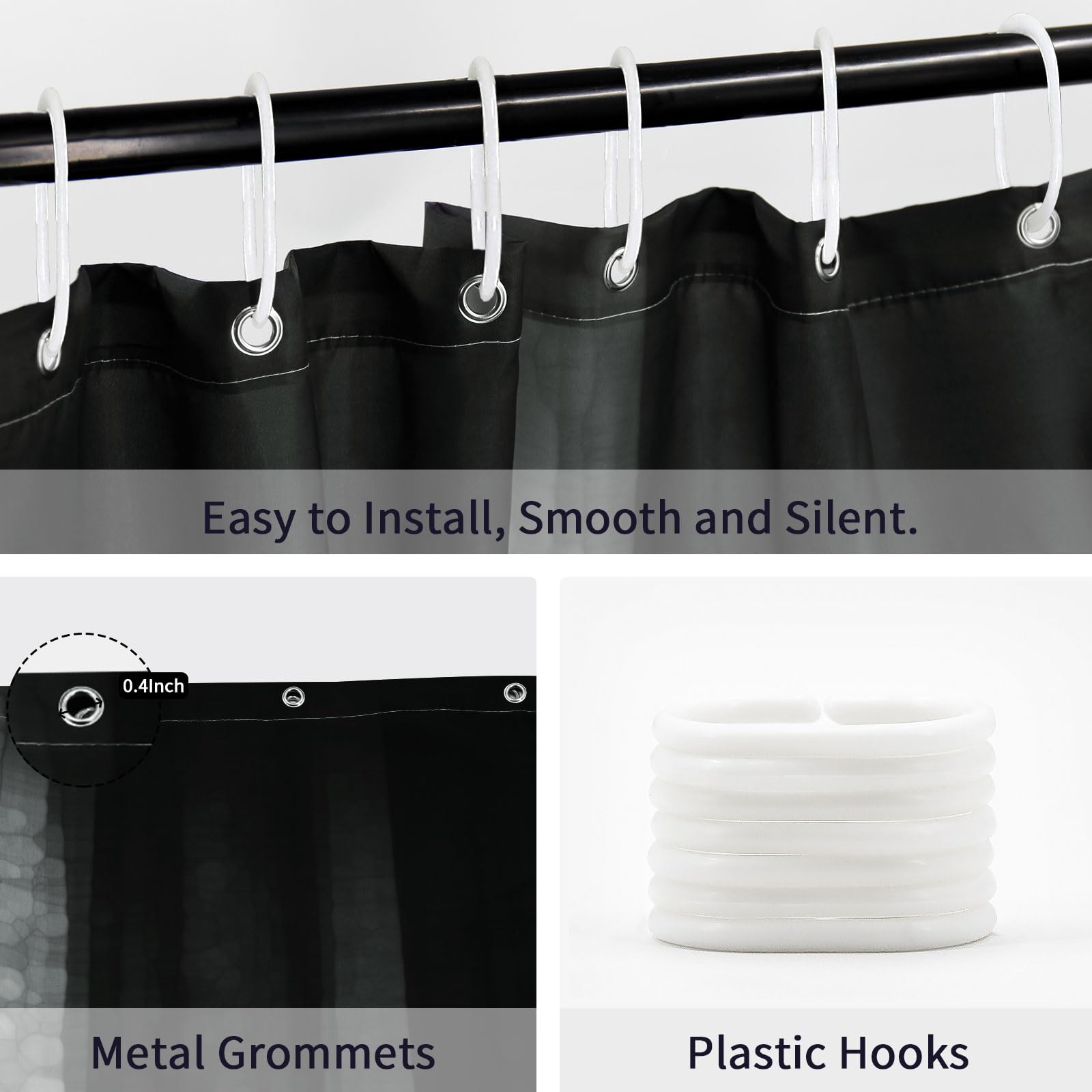 Gibelle Long Shower Curtain 72 X 78, Tall Black Grey Shower Curtain Set, Abstract Modern Fabric Shower Curtain For Bathroom, Coo