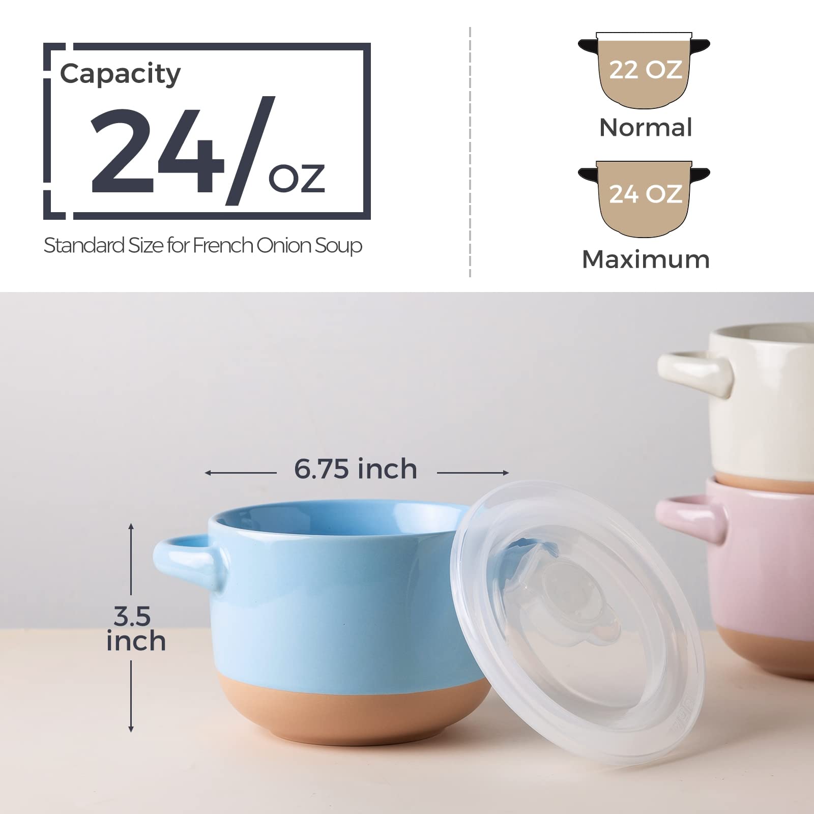 Amorarc 24 Ounces Soup Bowls With Large Handles And Lids, Stoneware Bowls Set Of 2 For Soup, Cereal, Stew, Noodle, Colourful Cer